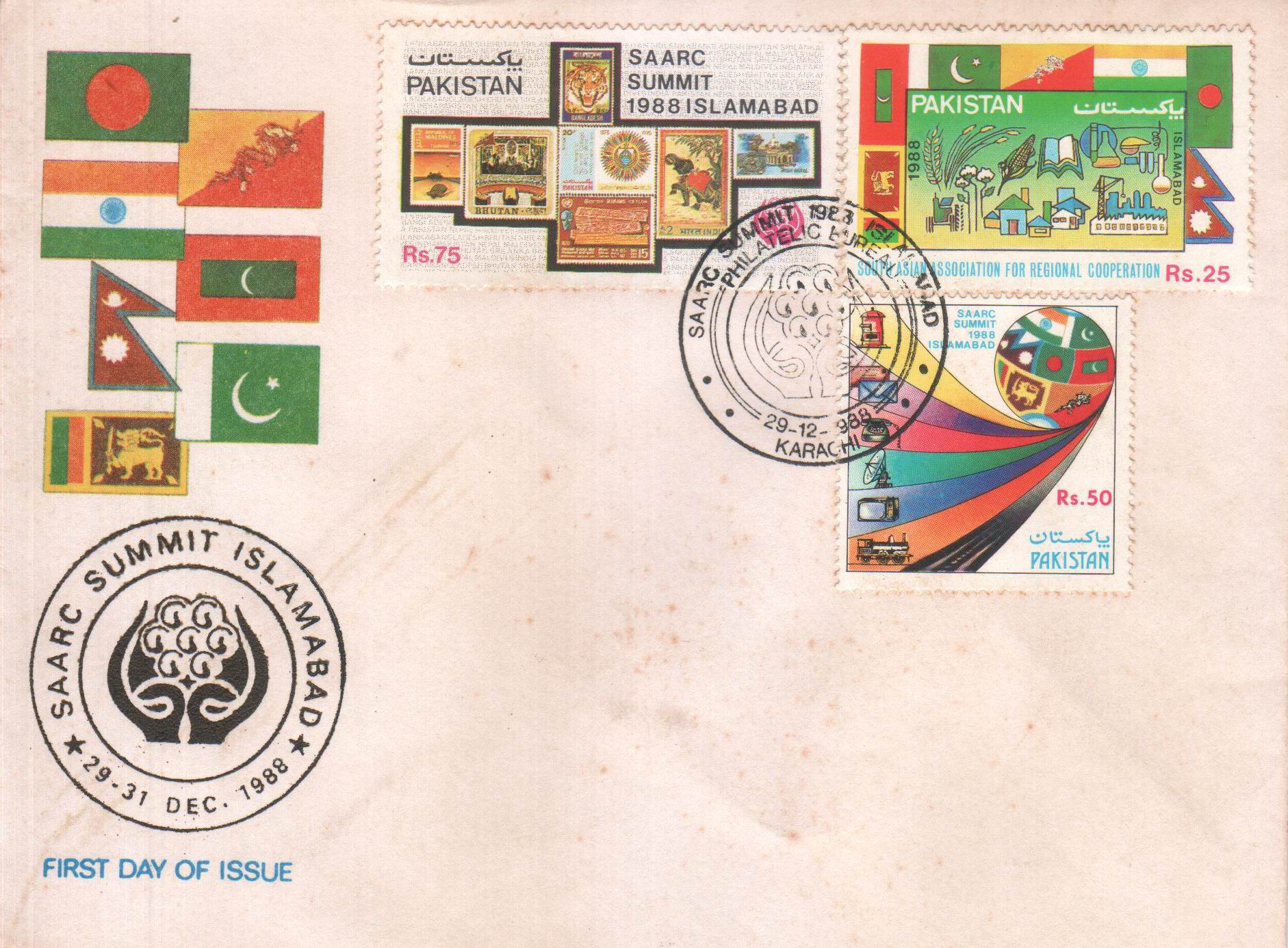 (image for) Pakistan Fdc 1988 SAARC Summit Conference Flags Bhutan Nepal Ind