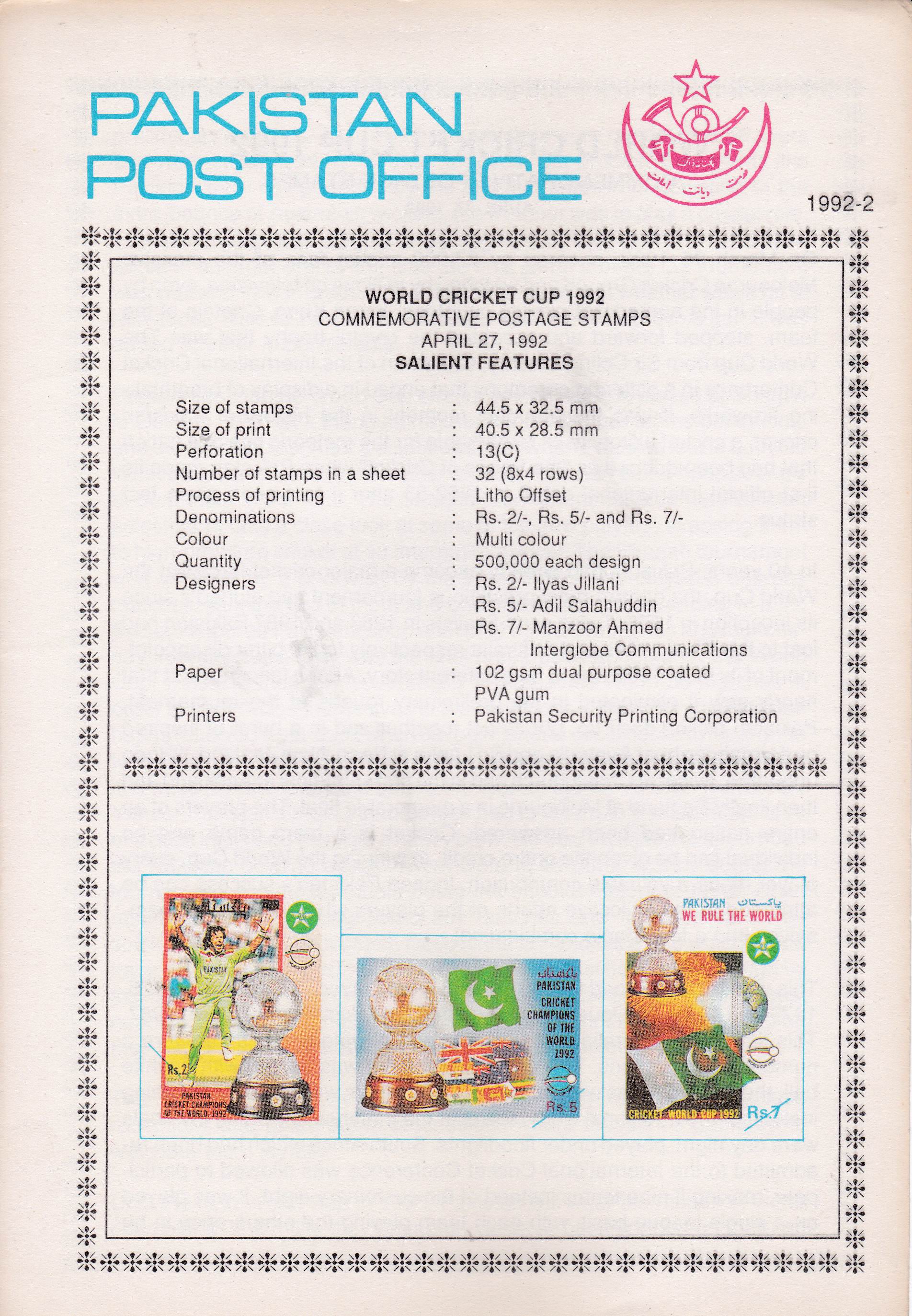 (image for) Pakistan Fdc 1992 Brochure Stamps World Cricket Cup Imran Khan