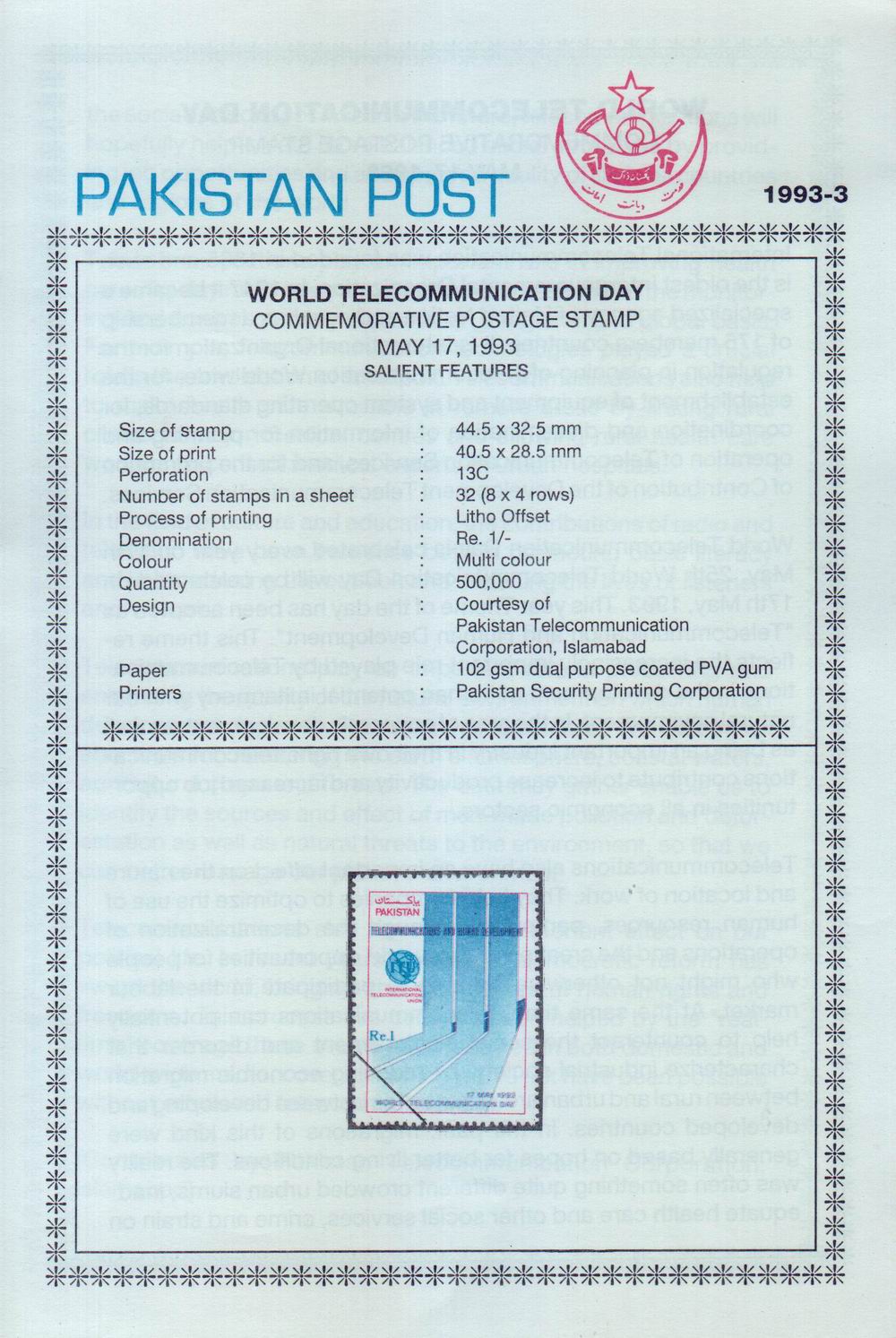(image for) Pakistan Fdc 1993 Brochure & Stamp World Telecommunication Day