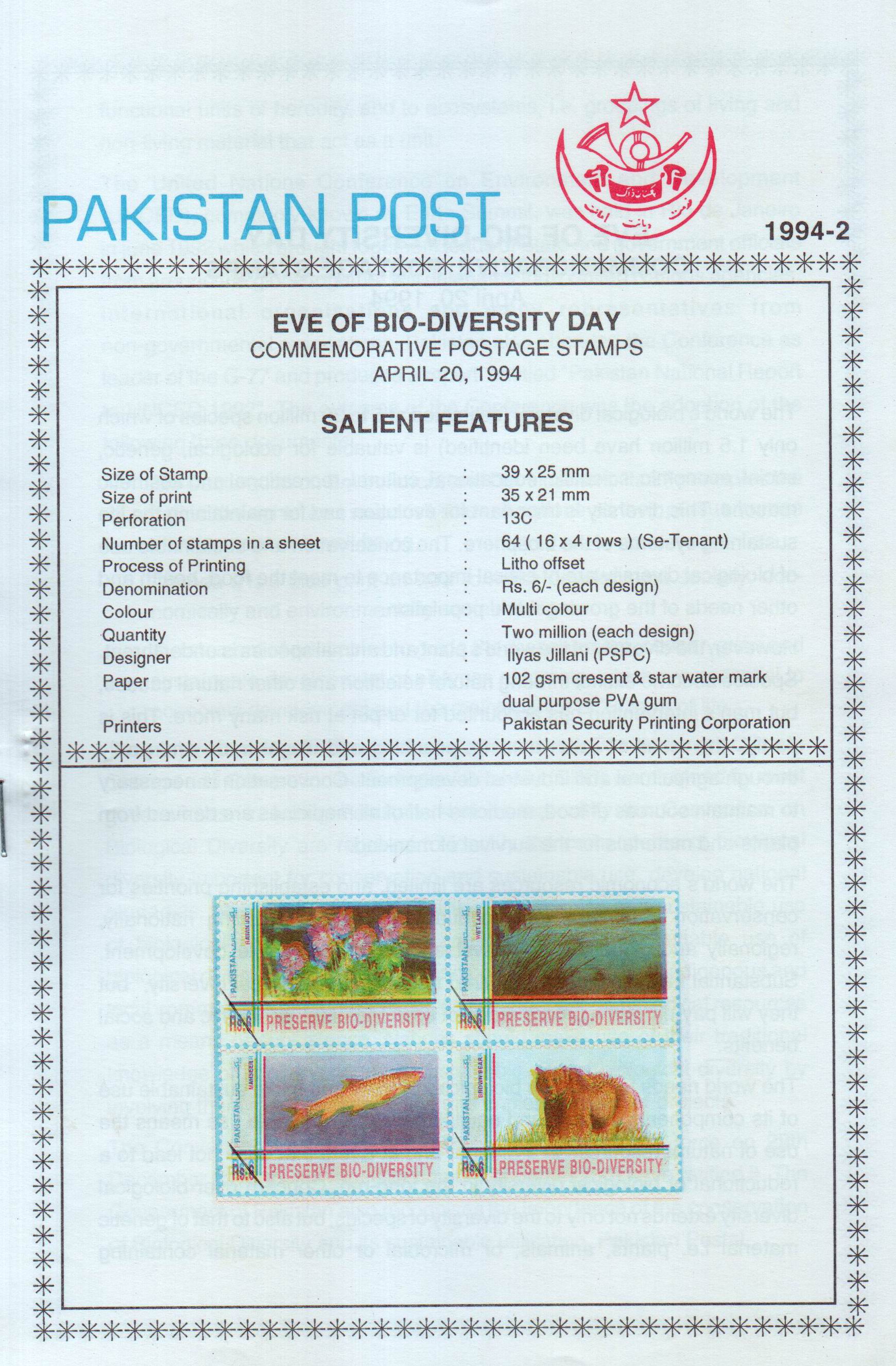 Pakistan Fdc 1994 Brochure & Stamps Eve of Bio - Diversity Day Pakistan Fdc 1994 Brochure & Stamps Eve of Bio - Diversity Day