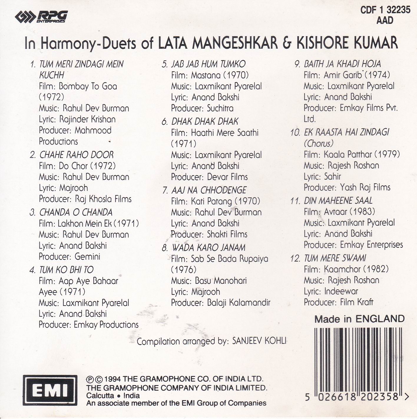 (image for) In Harmony Duets Of Kishore Kumar & Lata EMI Cd