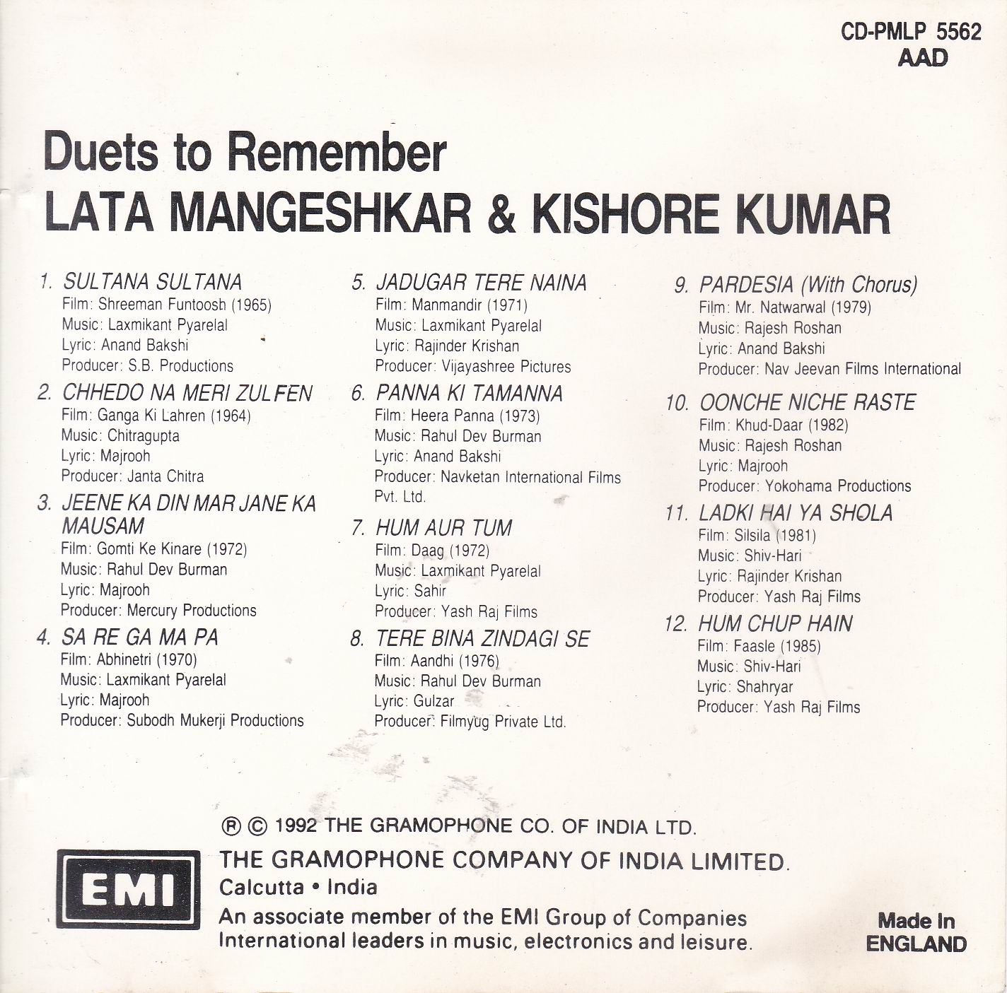 (image for) Duets To Remember Kishore Kumar & Lata EMI Cd