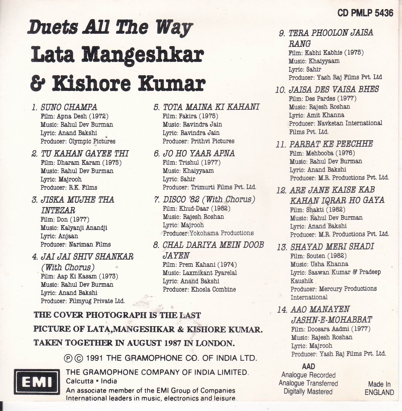 (image for) Duets All The Way Kishore Kumar & Lata EMI Cd