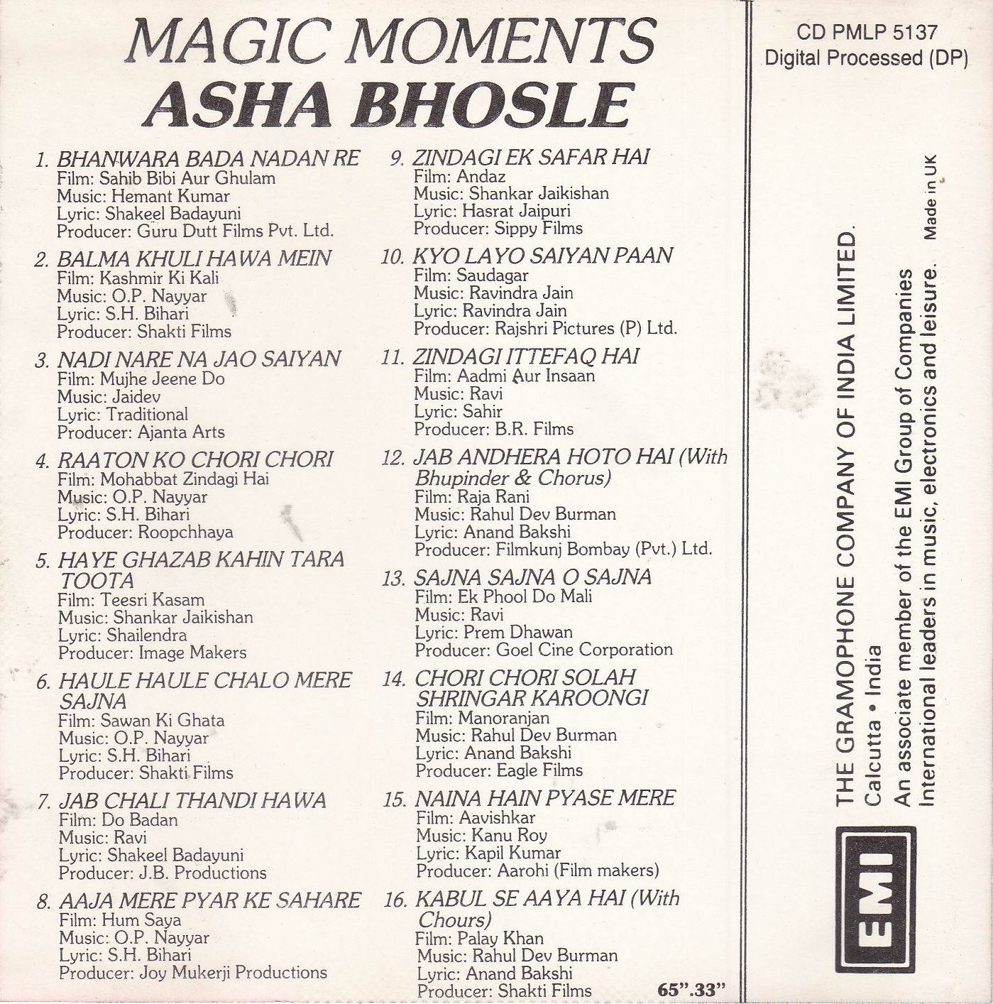 (image for) Magic Moments Asha Bhosle EMI CD