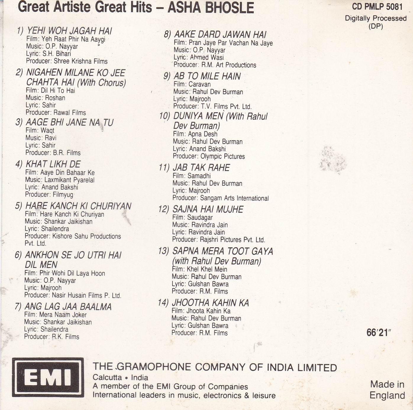 Great Artist Great Hits Asha Bhosle EMI CD - Click Image to Close