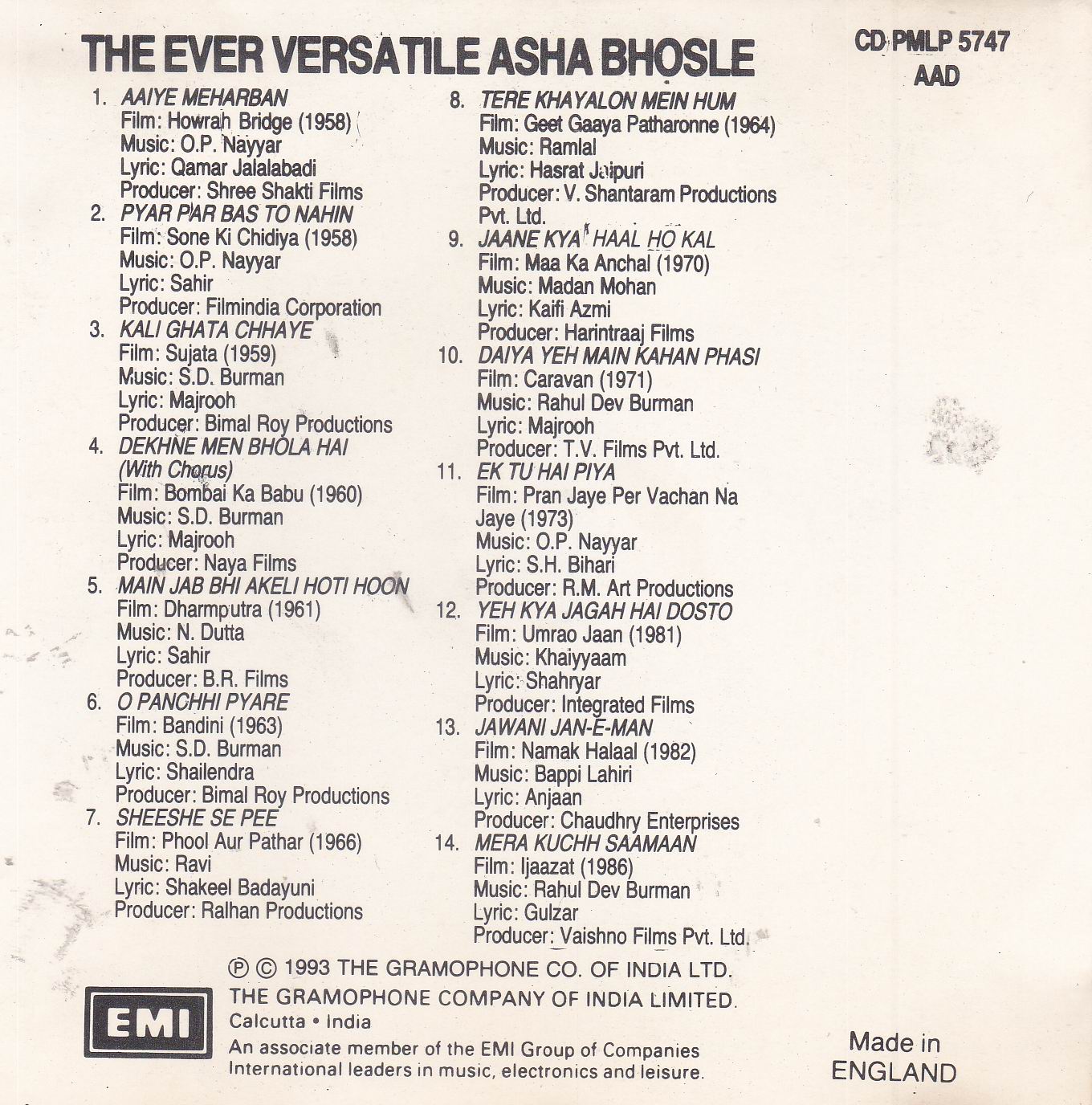 (image for) The Ever Versatile Asha Bhosle EMI CD