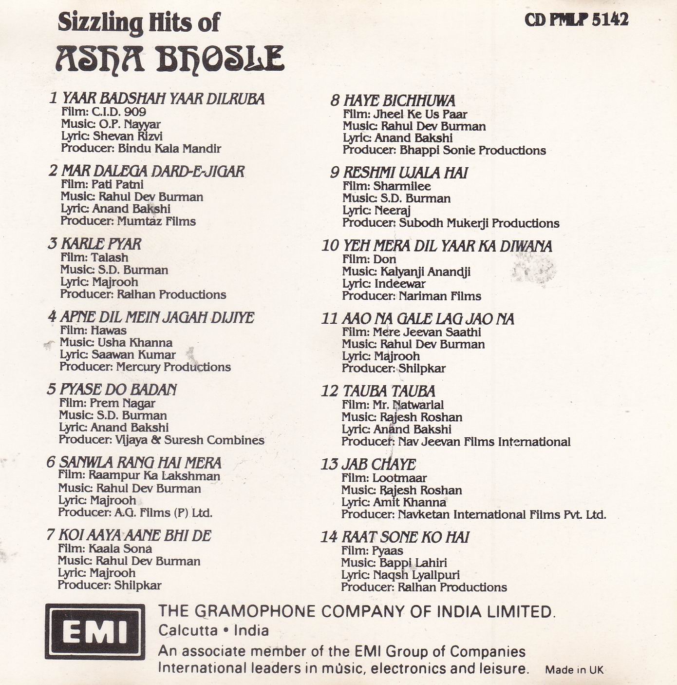 (image for) Sizzling Hits Asha Bhosle EMI CD