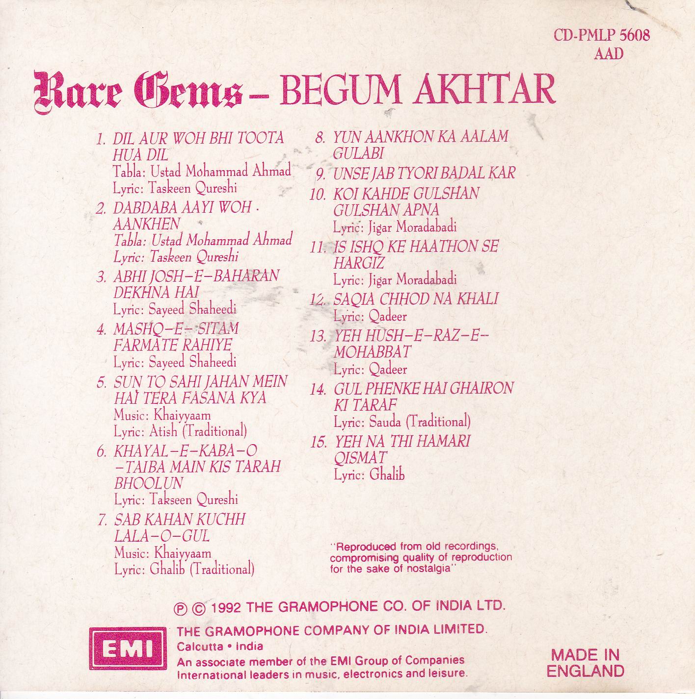 (image for) Rare Gems Begum Akhtar EMI CD