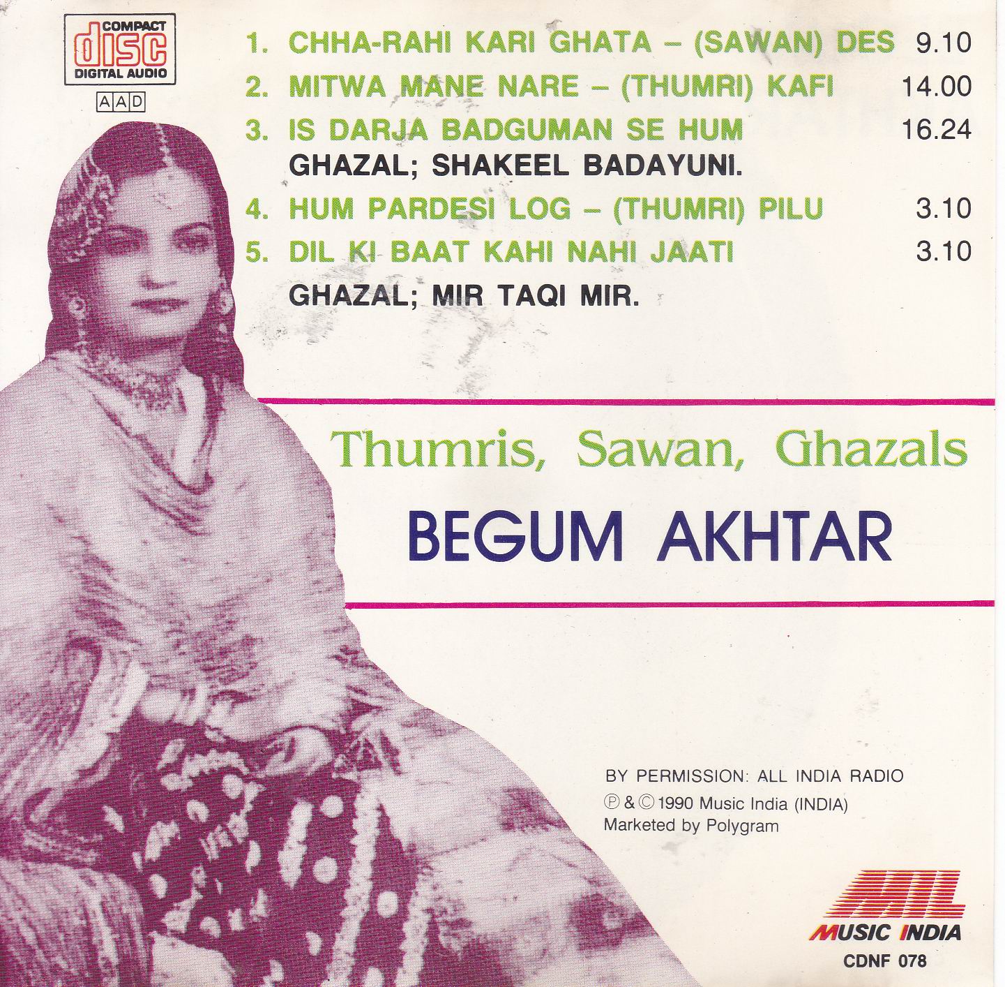 (image for) Malika e Ghazal Begum Akhtar Music Thumris Music India CD