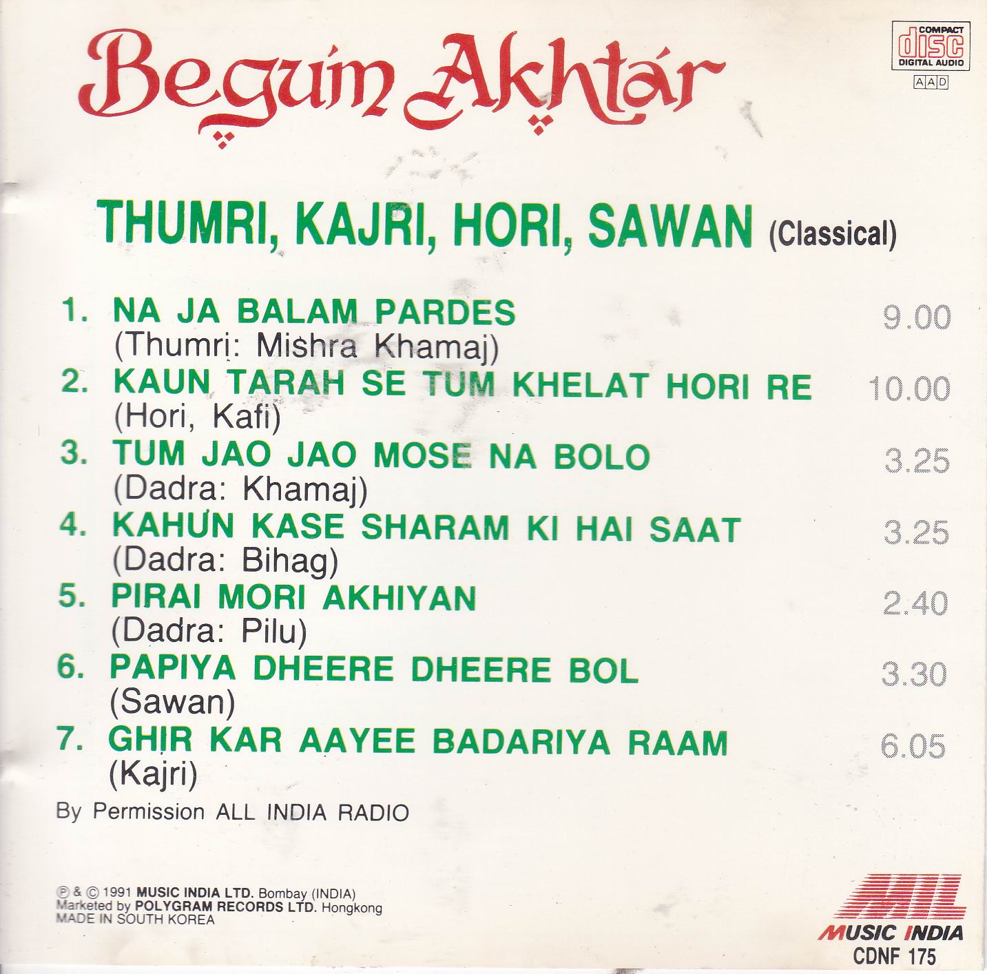 Malika e Ghazal Begum Akhtar Music Thumris Kajri Music India CD - Click Image to Close