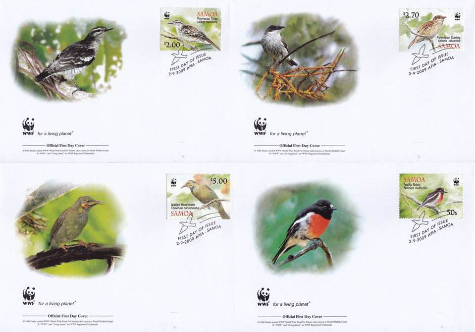 (image for) WWf Samoa 2009 Fdcs Birds Robin Honeyeater Starling