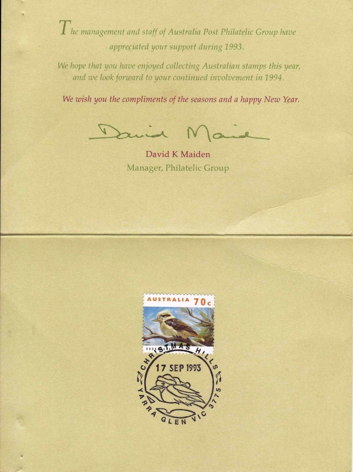 Australia Post 1993 Seasons Greetings 70c Birds Stamp - Click Image to Close