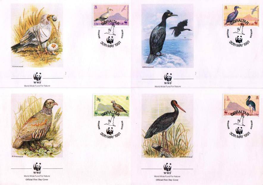 (image for) WWF Gibraltar 1991 Fdc Barbery Partridge Black Stork Vulture