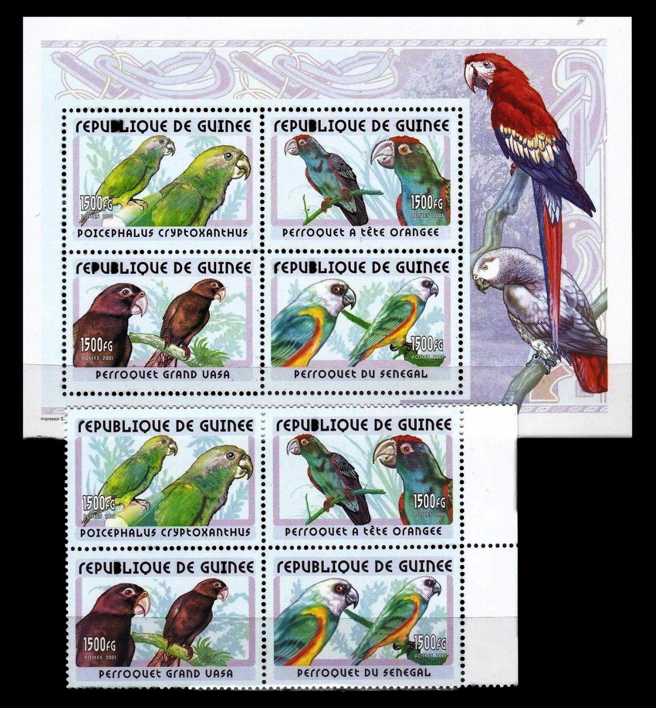 (image for) Guinee 2001 S/Sheet & Stamps Birds Parrots MNH