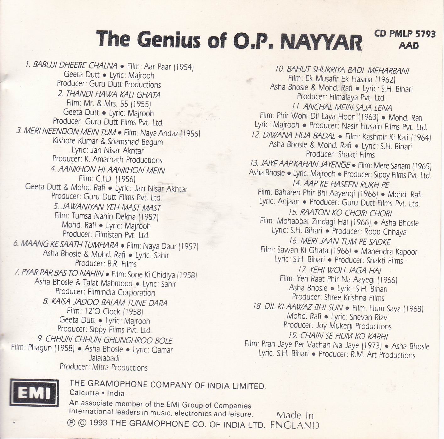 (image for) The Genius Of O P Nayyar Emi Cd