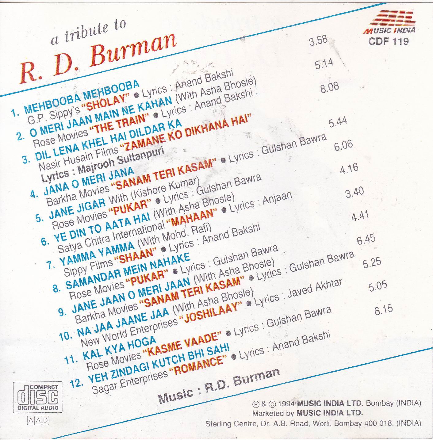 (image for) A Tribute To R D Burman Music India Cd