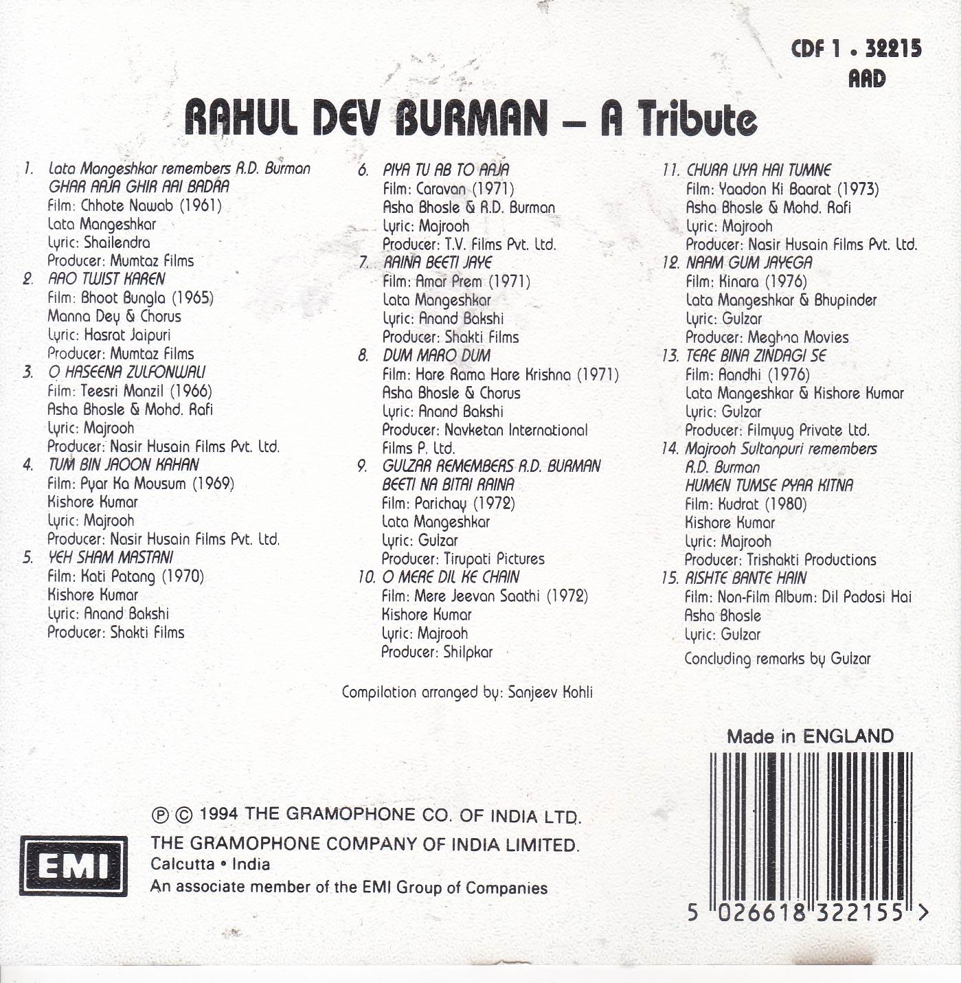 (image for) A Tribute To R D Burman Emi Cd