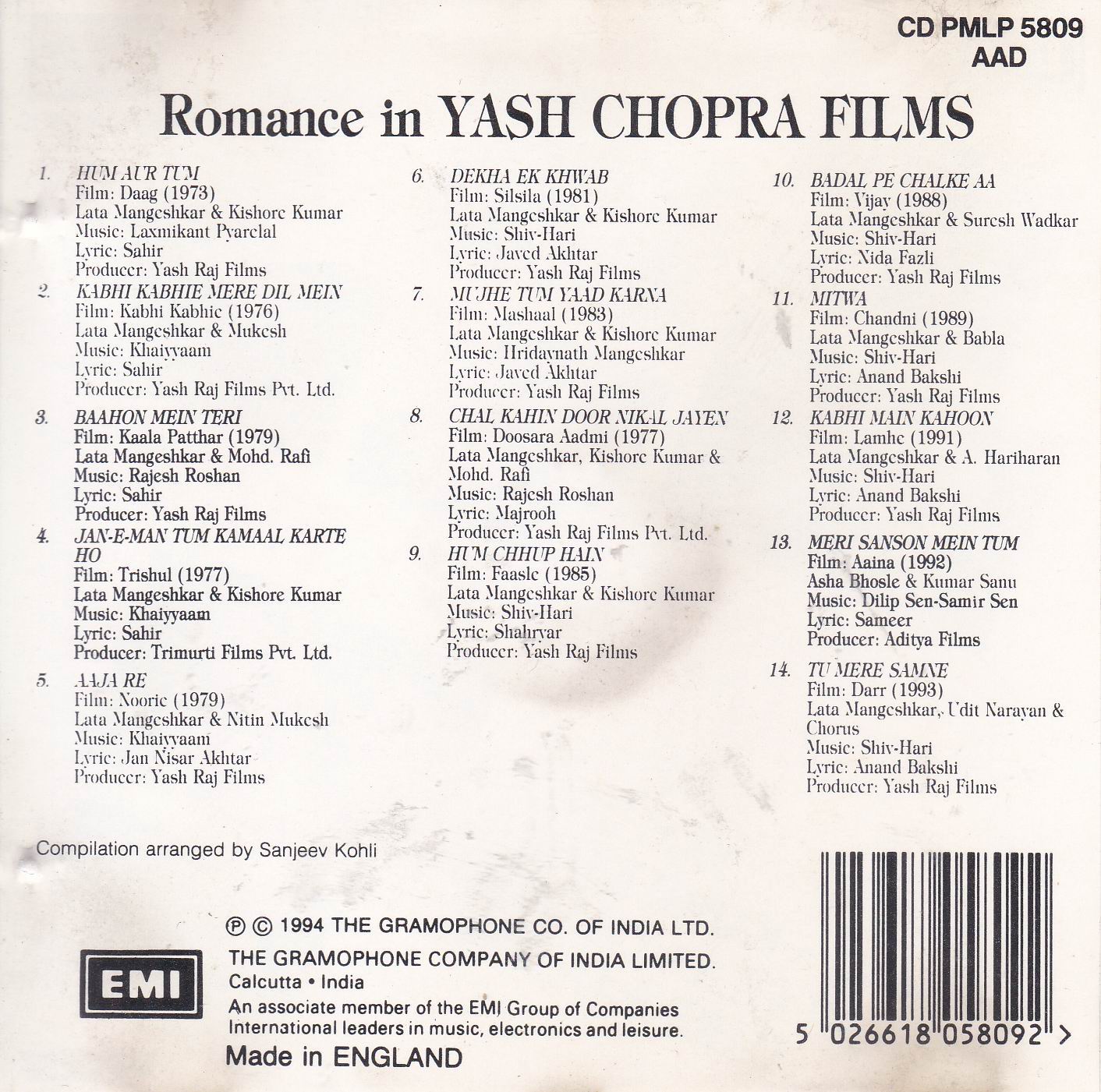 (image for) Romance In Yash Chopra Films ENI Cd