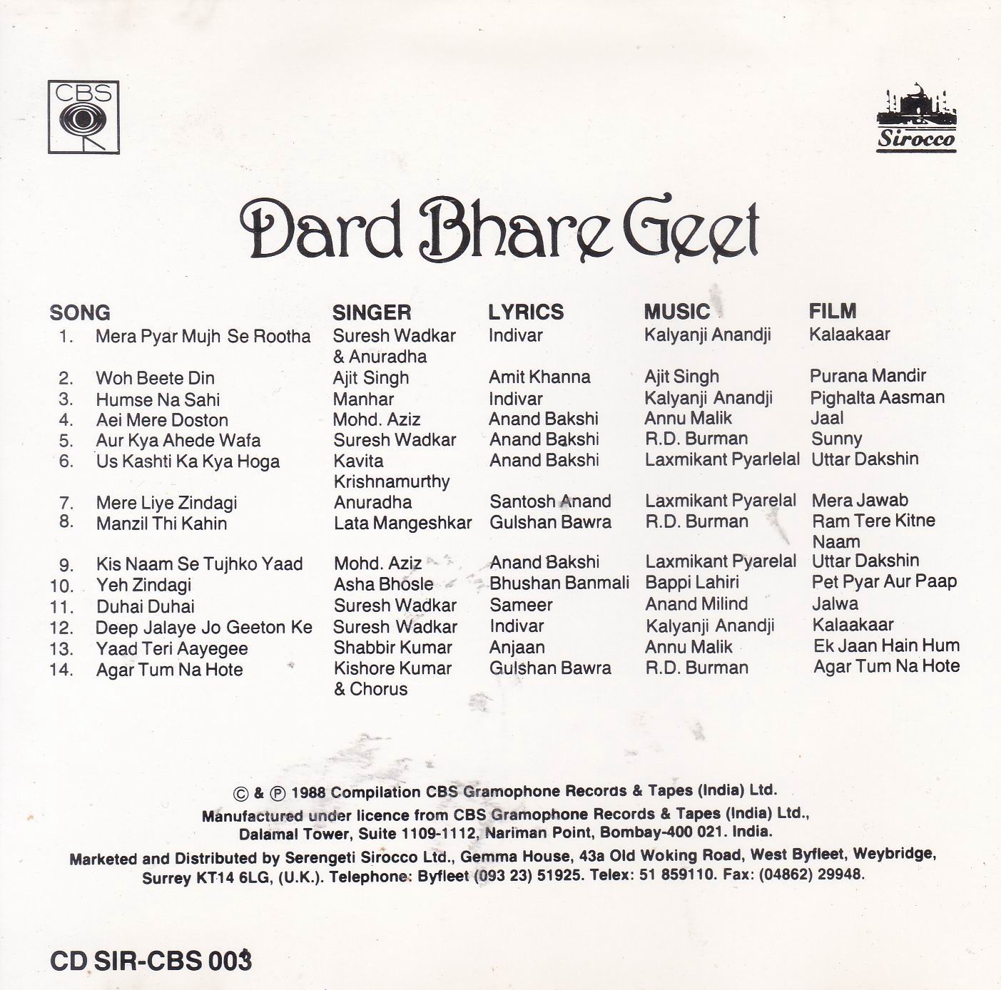 (image for) Dard Bhare Geet CBS Cd