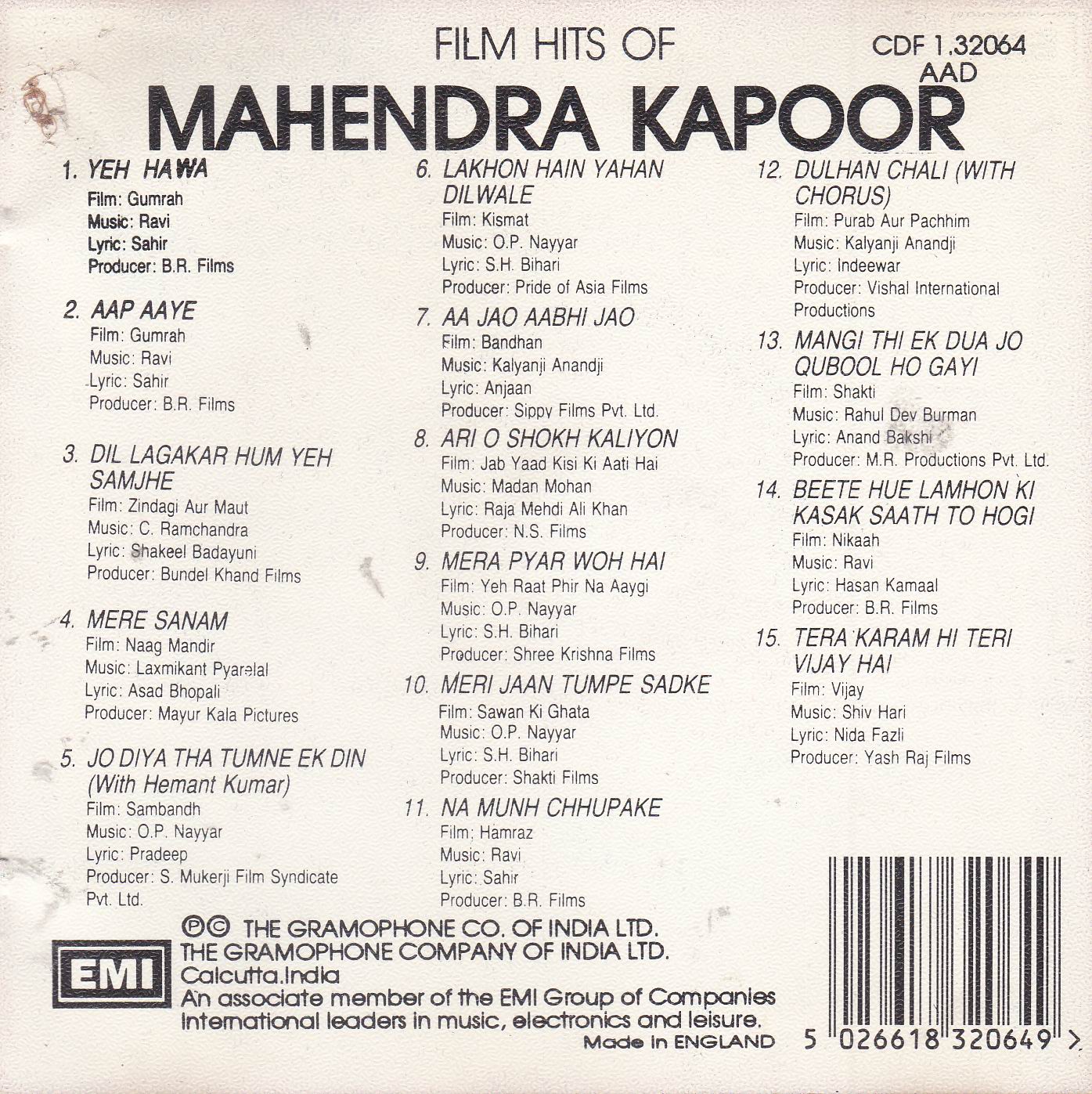 (image for) Film Hits Of Mahendra Kapoor EMI CD