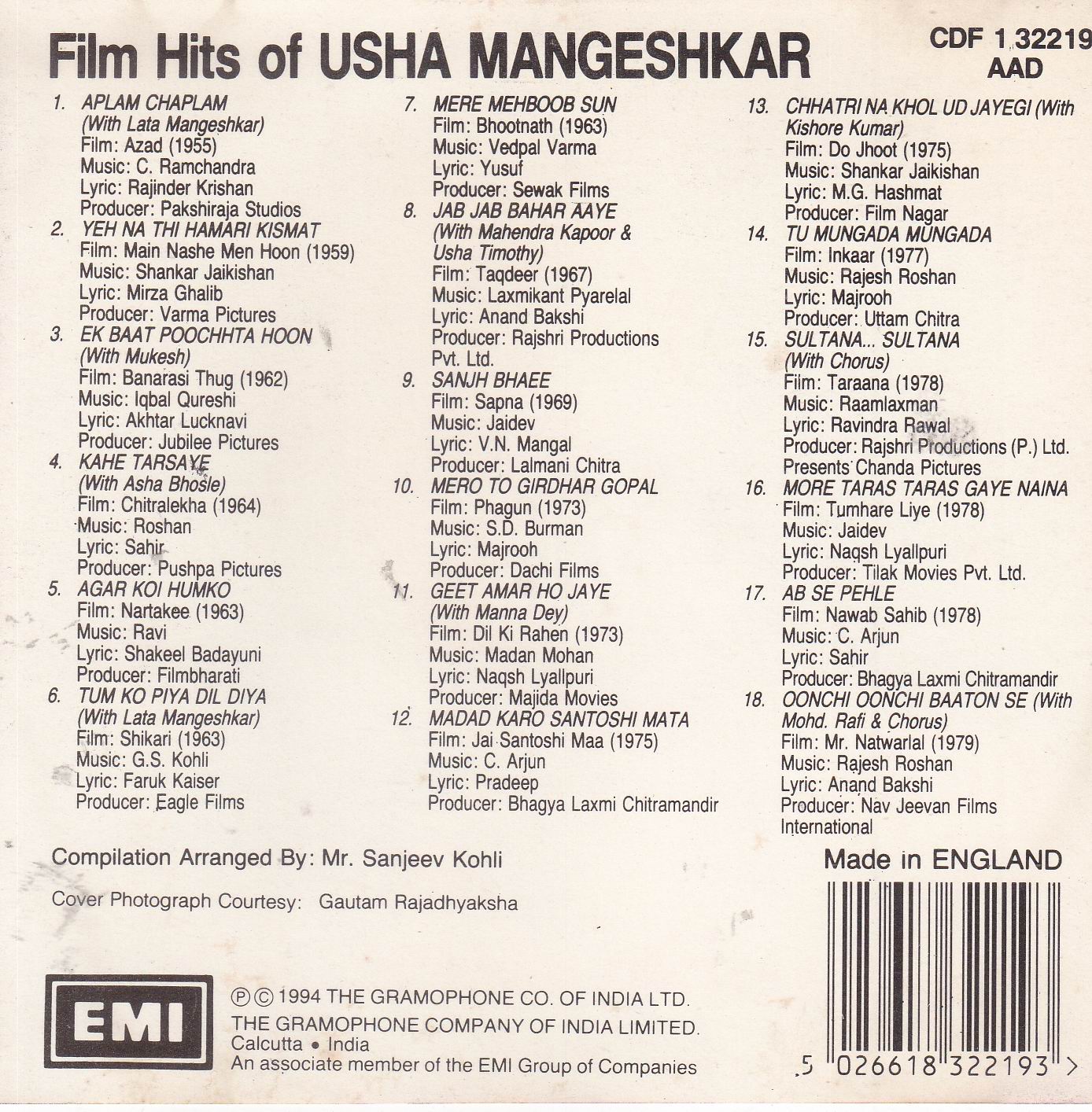 (image for) Film Hits Of Usha Mangeshkar EMI CD