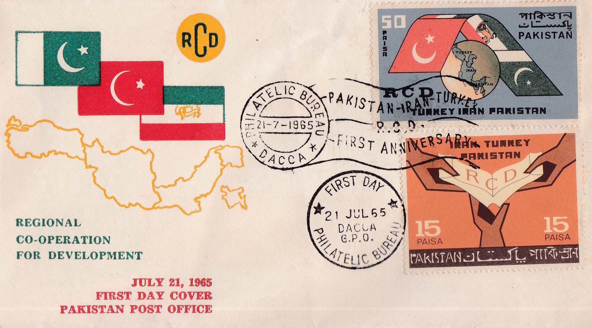 (image for) Pakistan Fdc 1965 RCD Iran Pakistan Turkey Flags Dacca Cancel