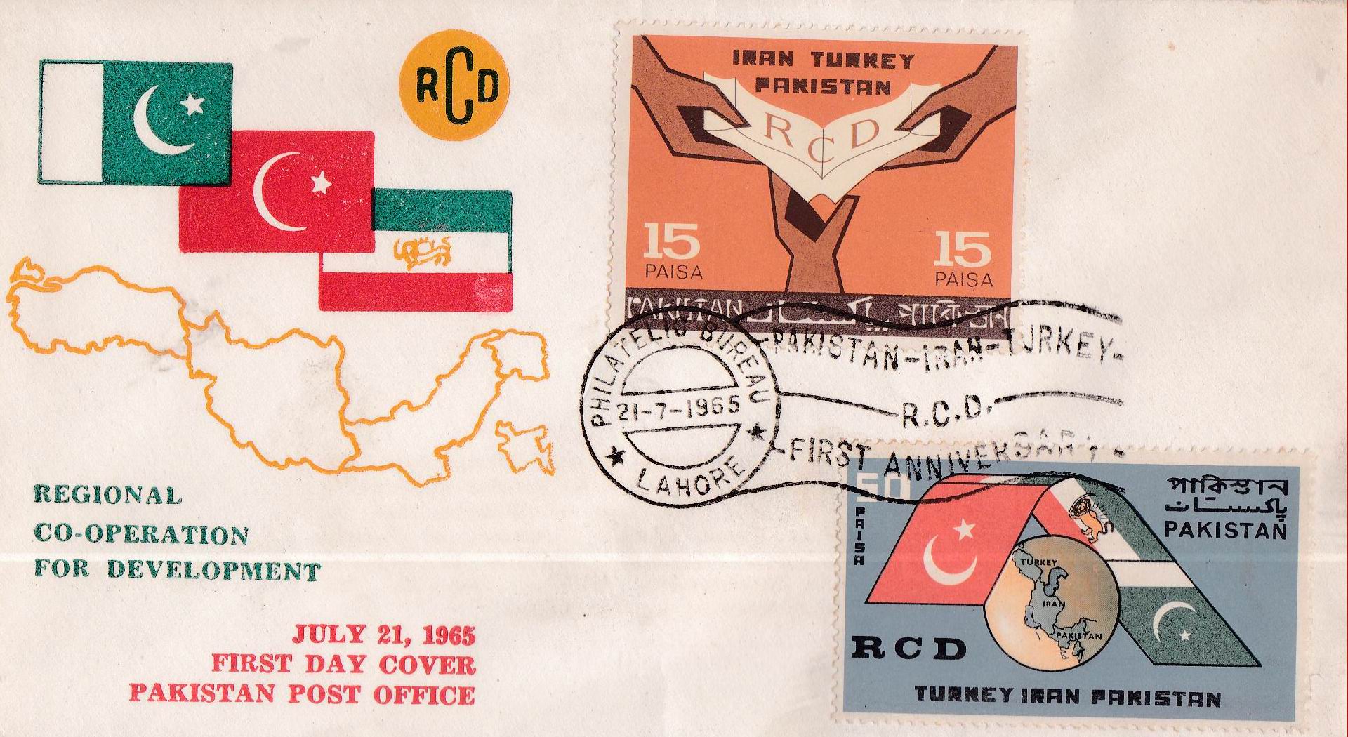 (image for) Pakistan Fdc 1965 RCD Iran Pakistan Turkey Flags