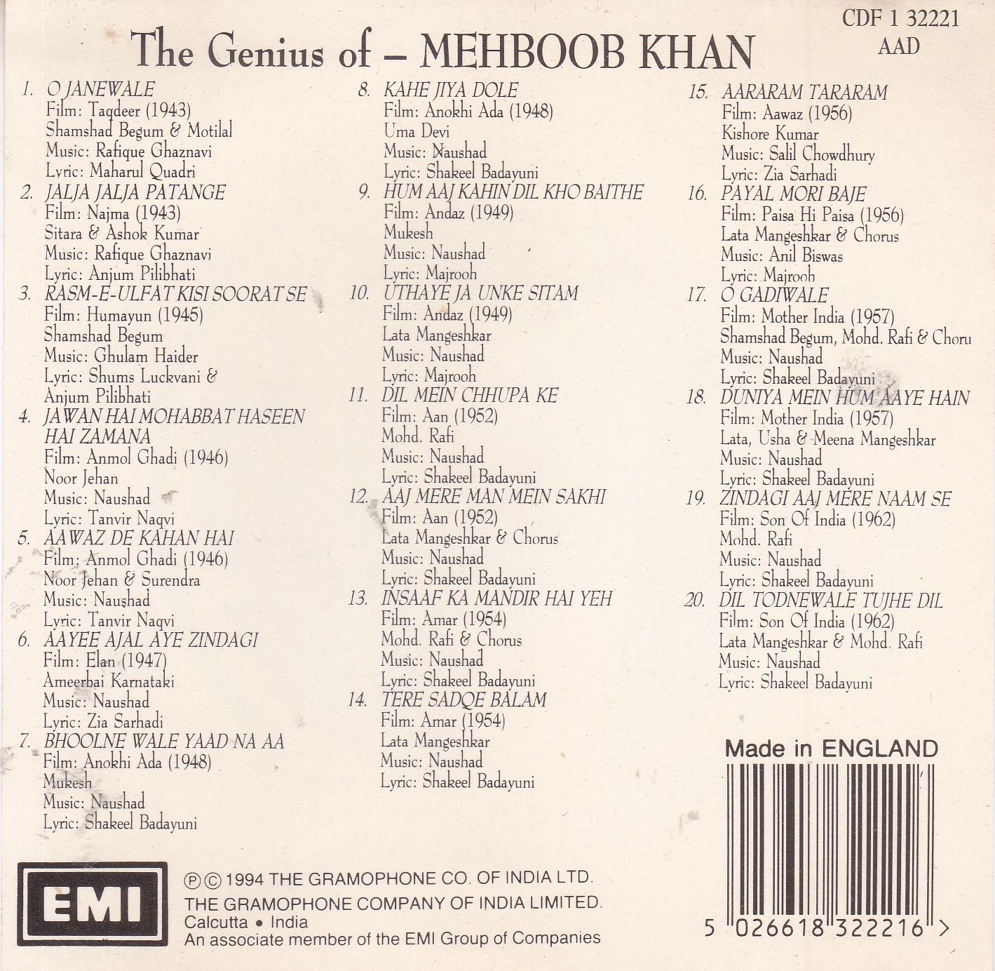 (image for) The Genius Of Mehboob Khan EMI CD