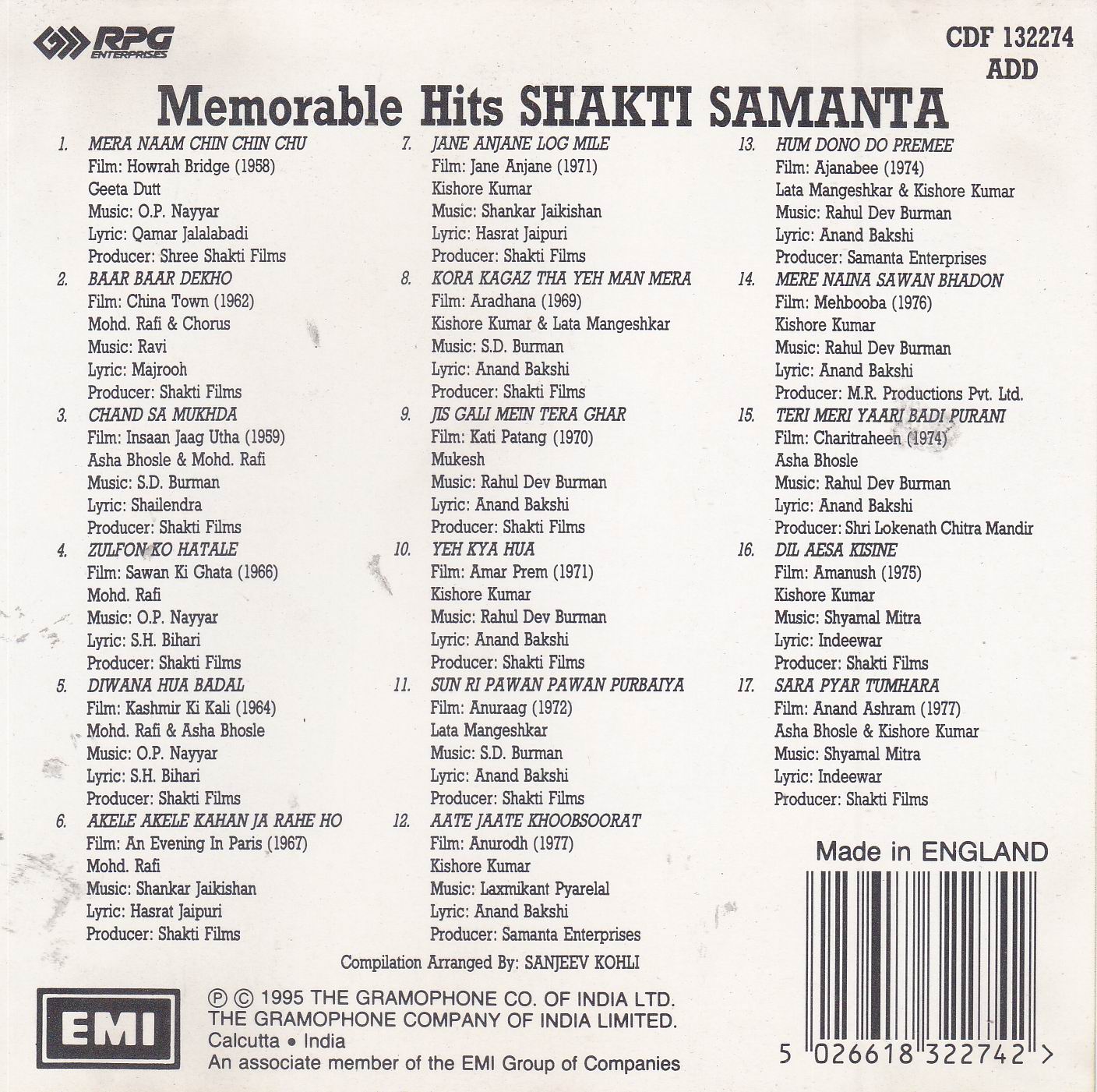 (image for) Memorable Hits Shakti Samantha EMI CD