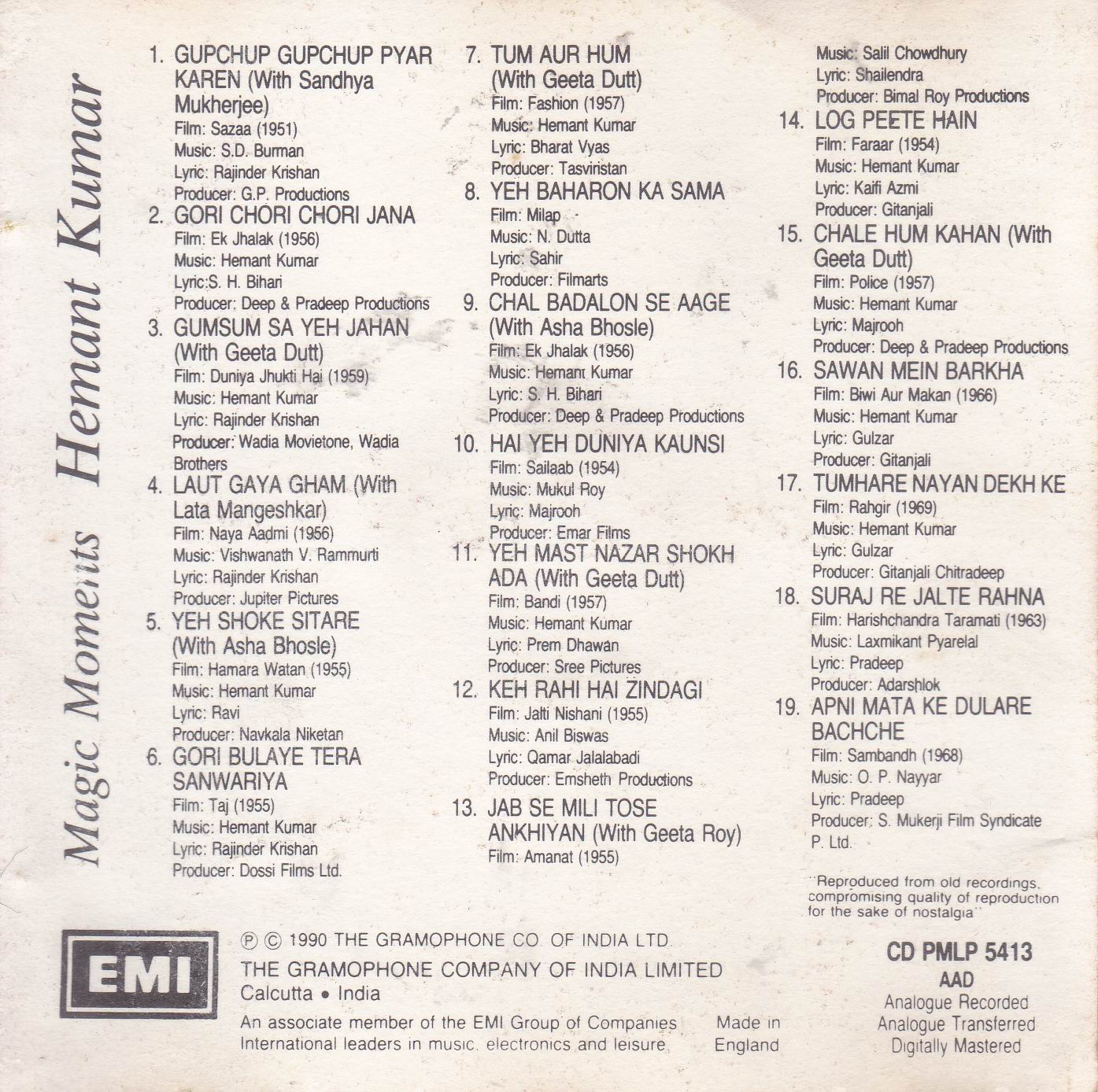 Magic Moments Hemant Kumar EMI CD - Click Image to Close