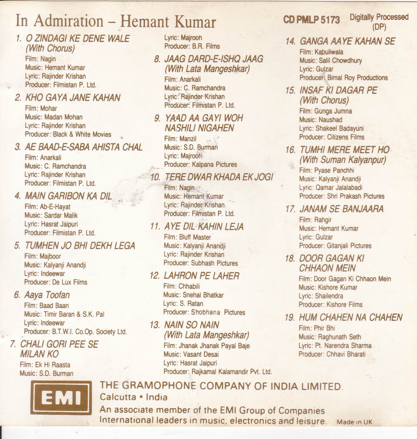 In Admiration Hemant Kumar EMI CD - Click Image to Close