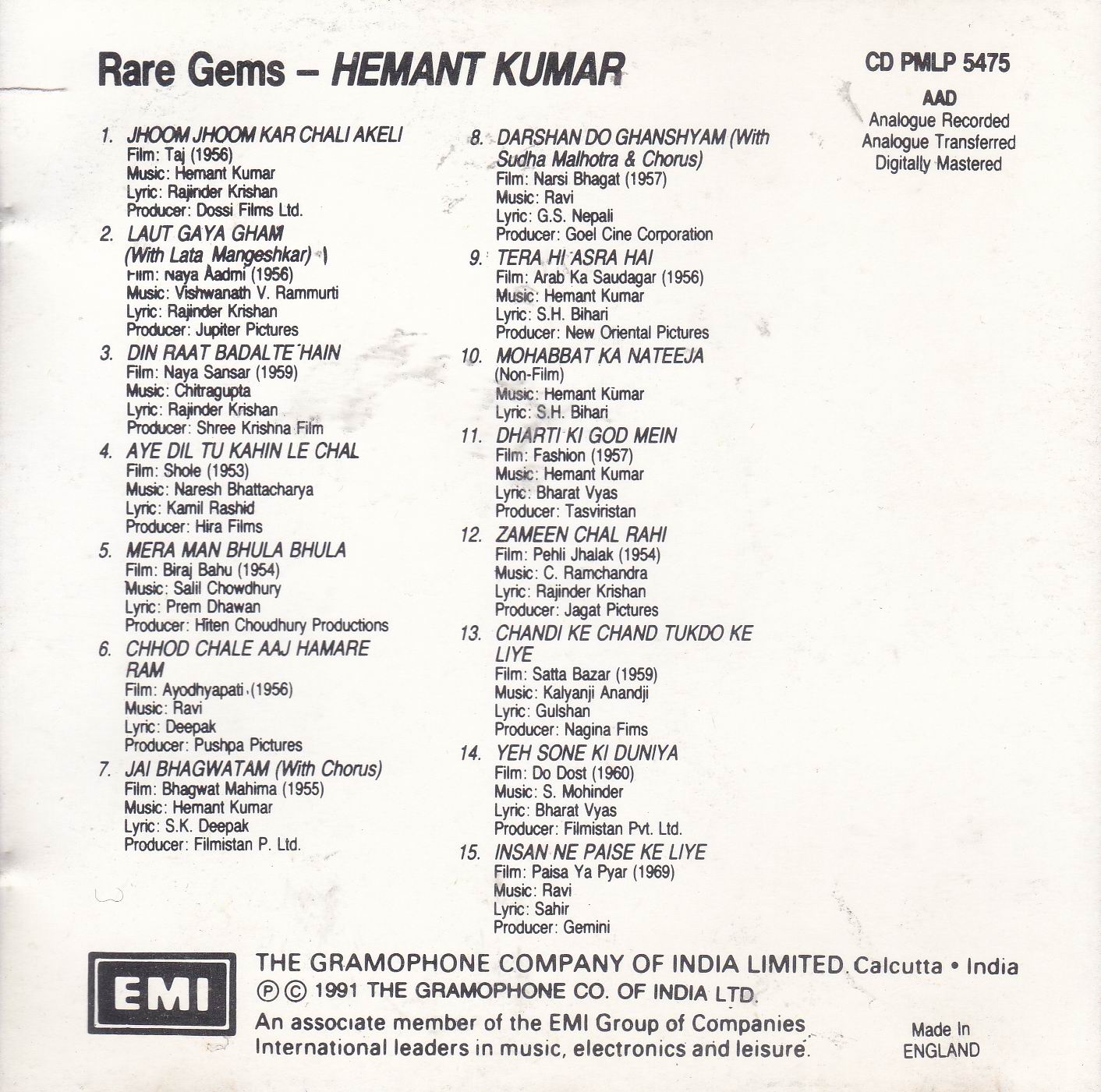 Rare Gems Hemant Kumar EMI CD - Click Image to Close