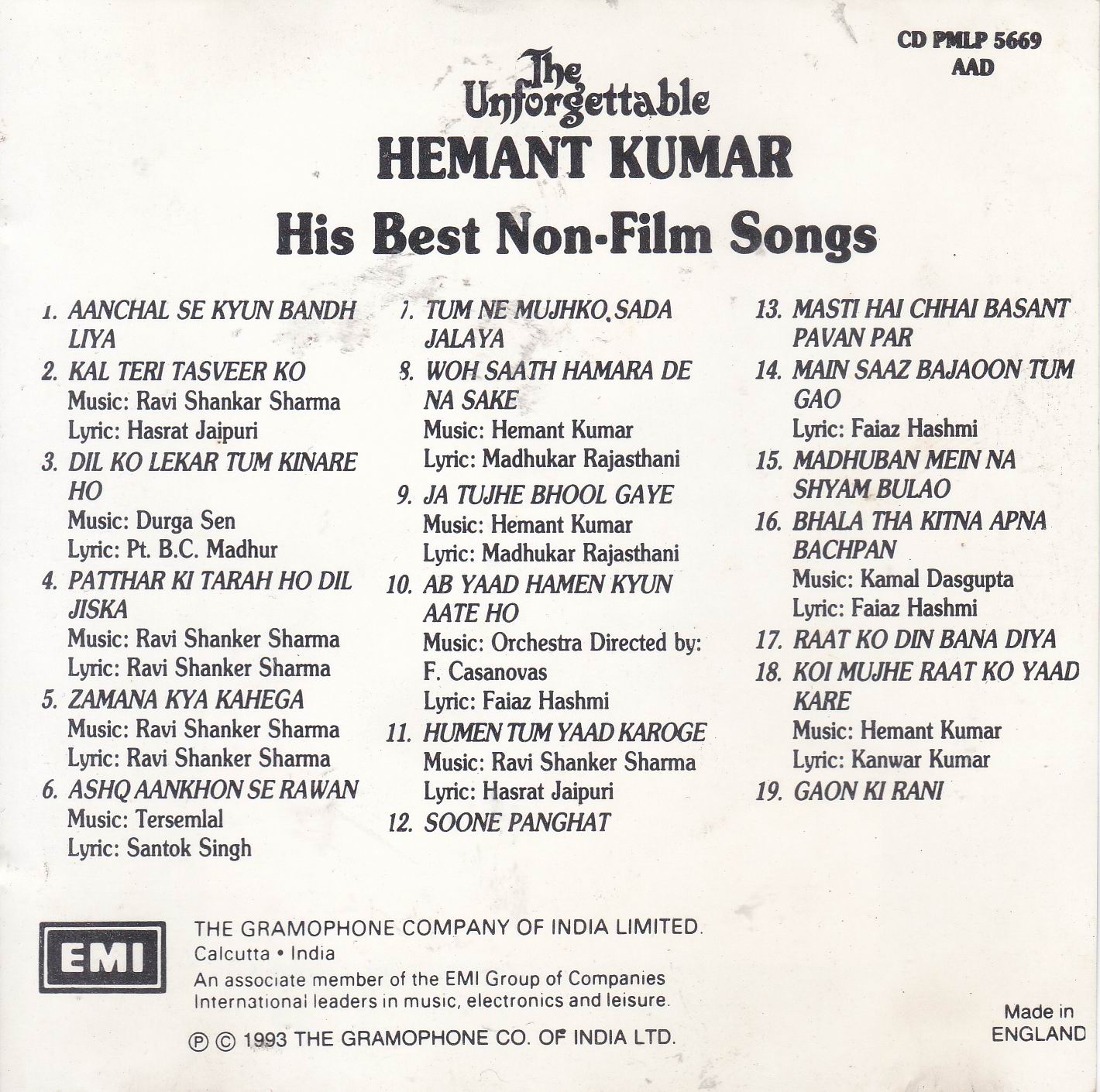 The Unforgettable Hemant Kumar EMI CD - Click Image to Close