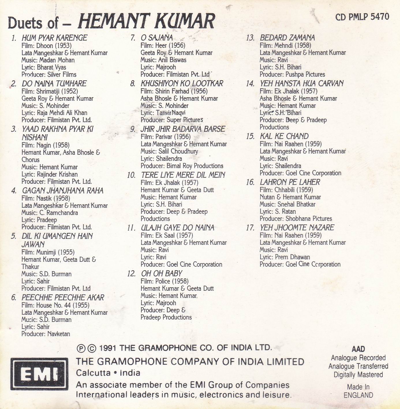 Duets Of Hemant Kumar EMI CD - Click Image to Close
