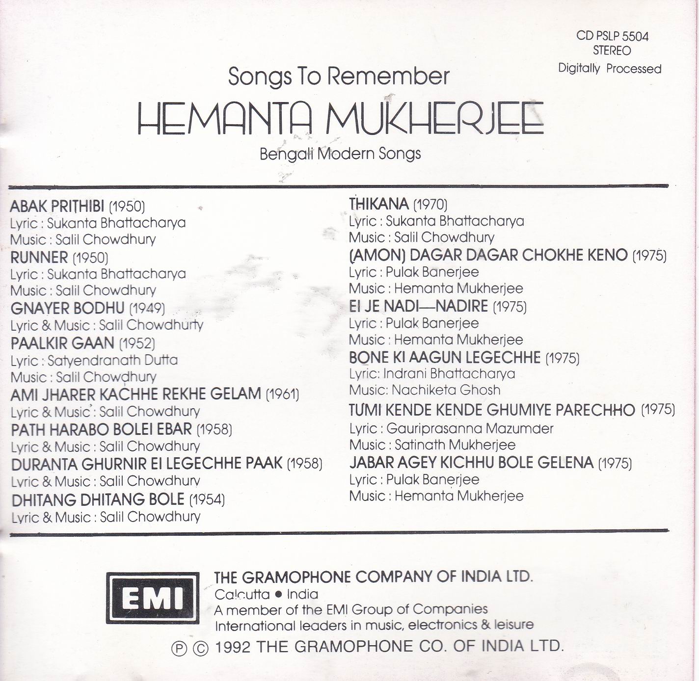 Evergreen Hits Of Hemant Kumar Bengali EMI CD - Click Image to Close