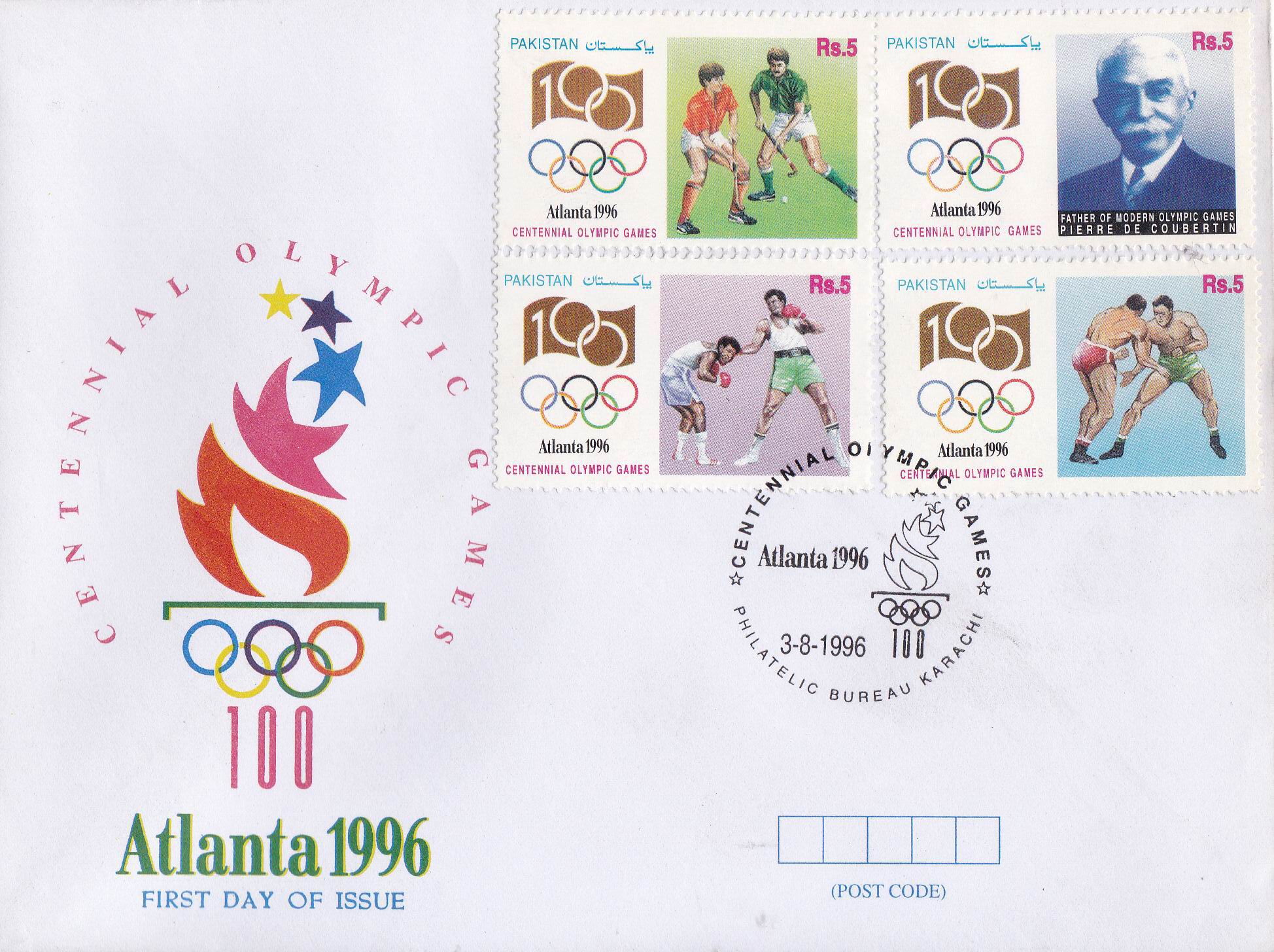 Pakistan Fdc 1996 Brochure Stamps Atlanta Hockey Wrestling - Click Image to Close