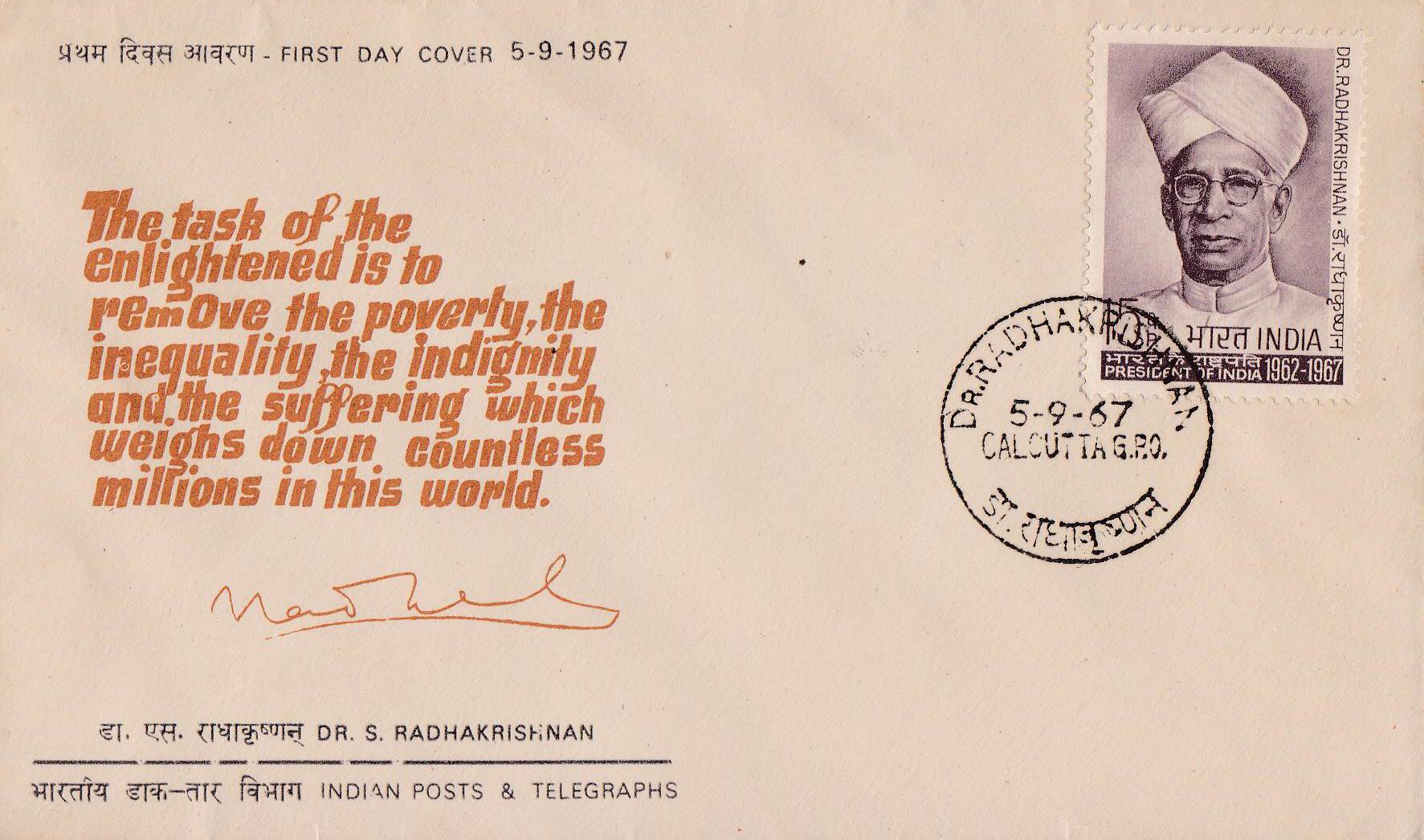 (image for) India 1967 Fdc Dr S Radhakrishnan Calcutta Cancellation