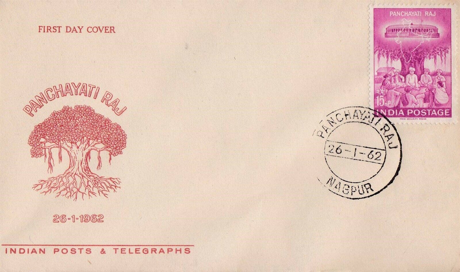 (image for) India 1962 Fdc Panchayati Raj Nagpur Cancellation