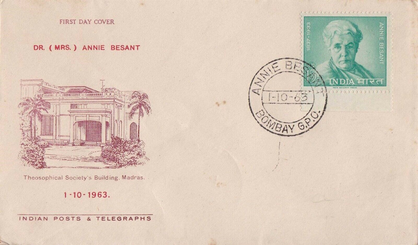 (image for) India 1963 Fdc Annie Besant British Socialis Women's Rights