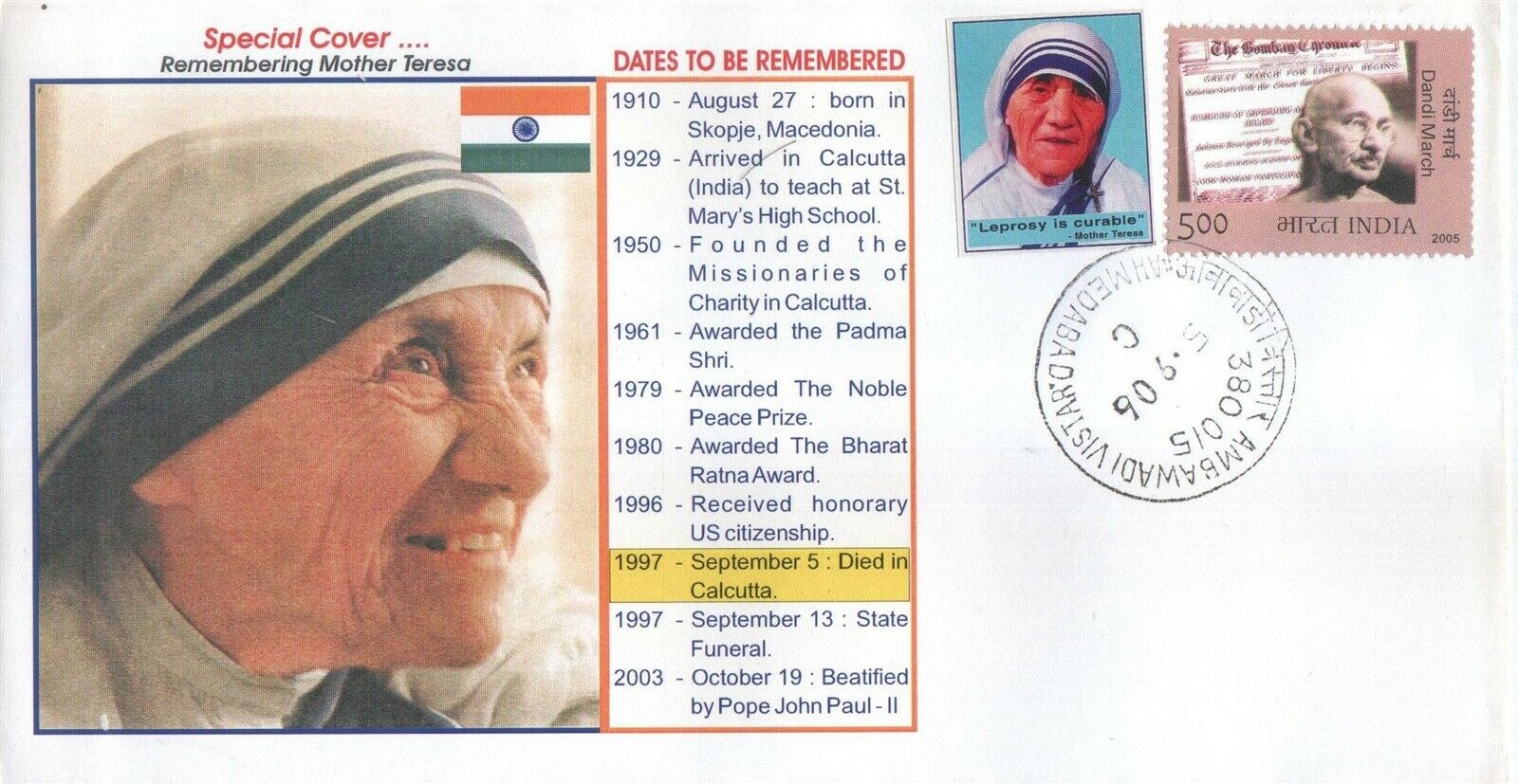 (image for) India 2006 Fdc Mother Teressa With Awards Nobel Prize Winner