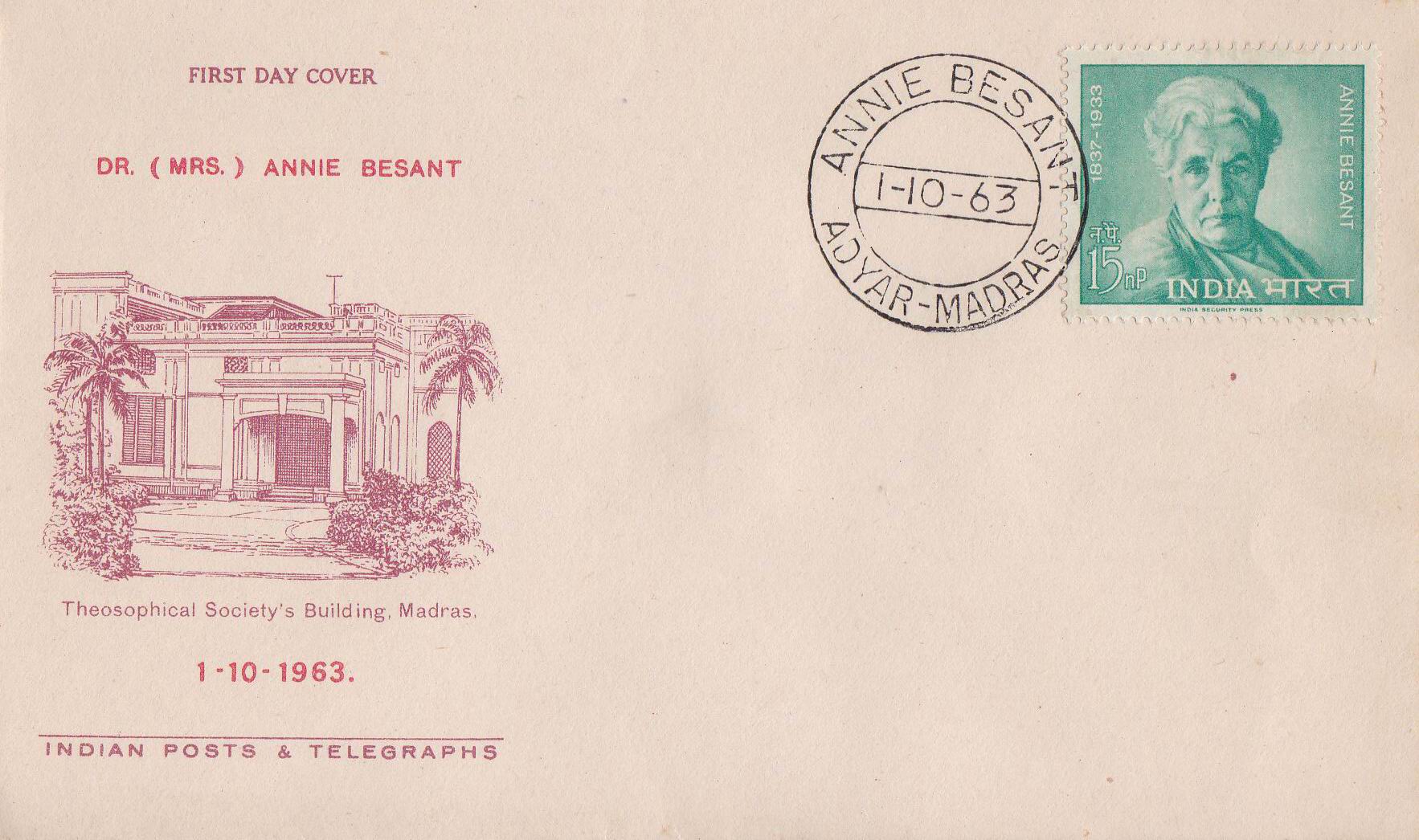 (image for) India 1963 Fdc Annie Besant British Socialis Women's Rights