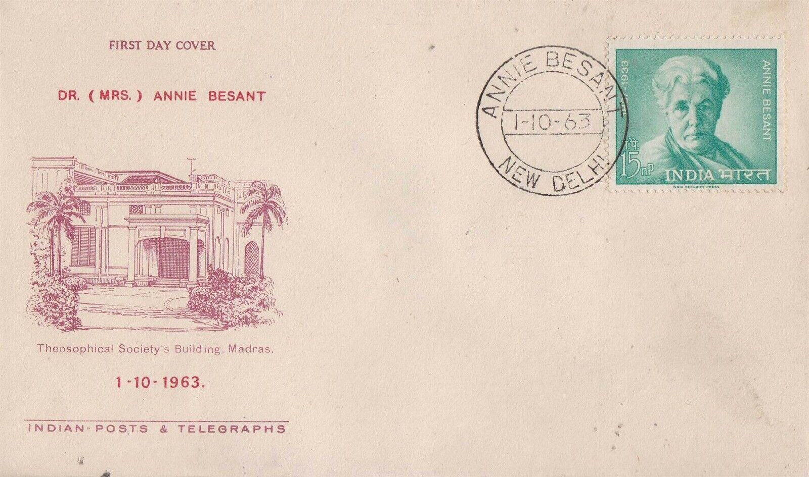 (image for) India 1963 Fdc Annie Besant British Socialis Women's Rights
