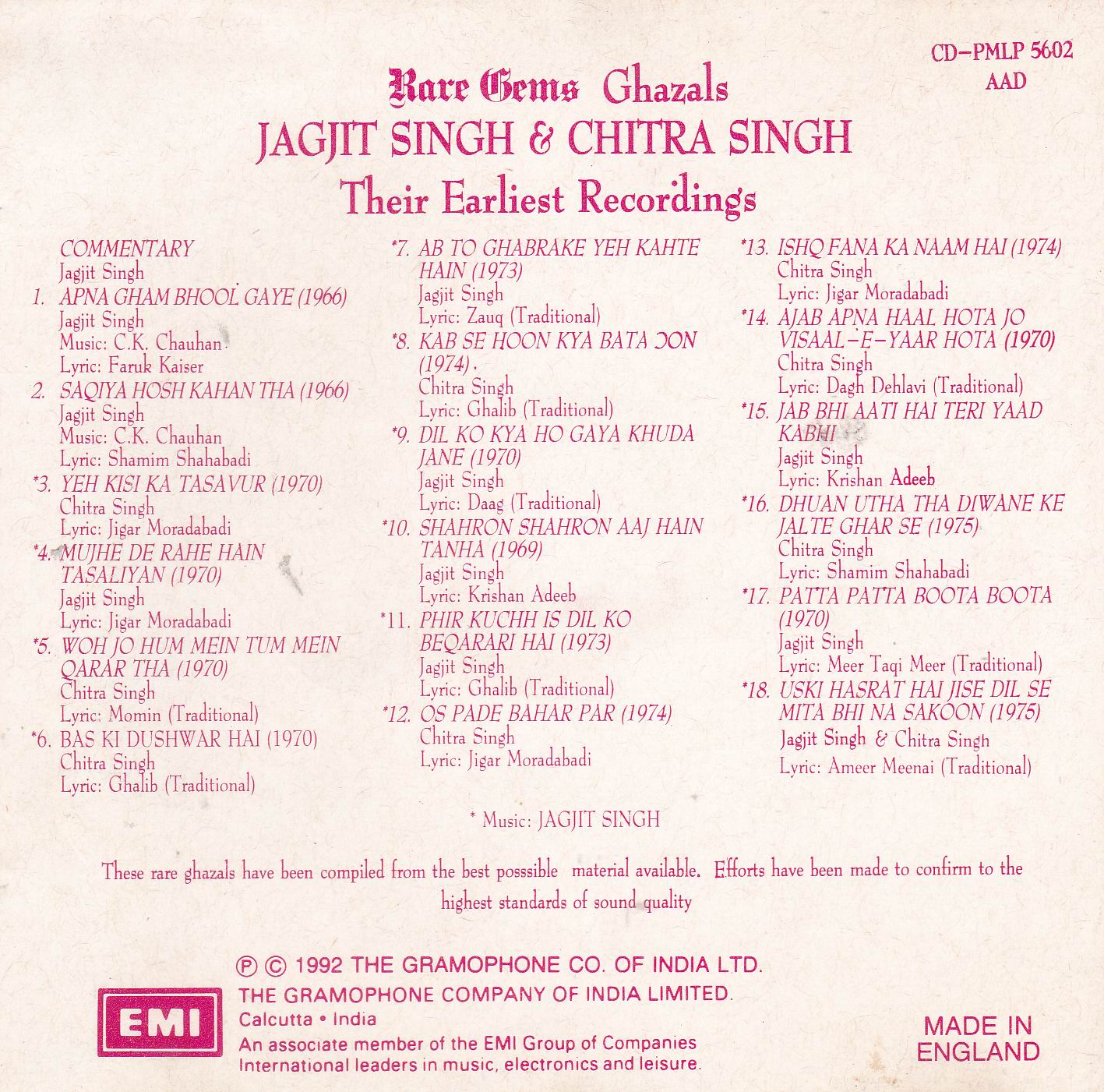 (image for) Jagjit Chitra Rare Gems Ghazals EMI CD