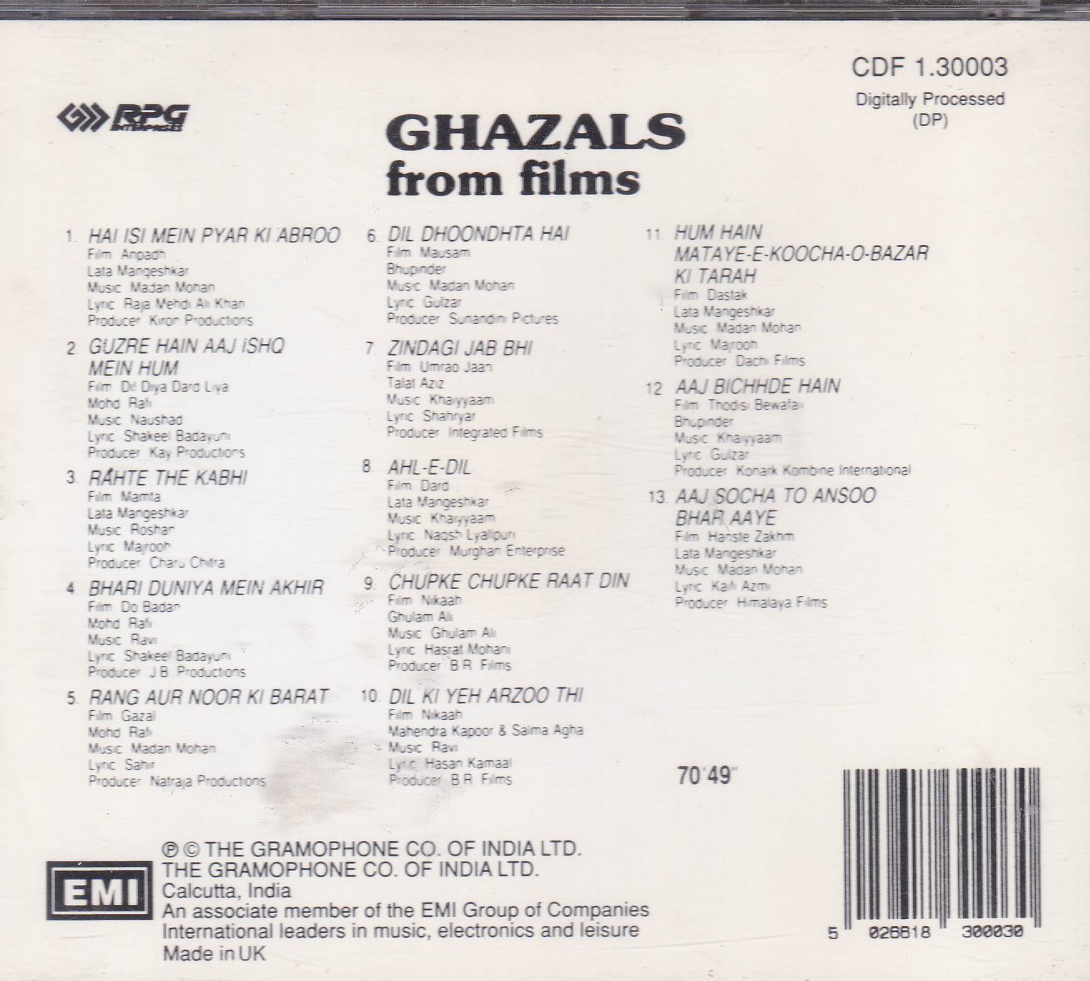 (image for) India Cd Ghazala From Films Vol 1 EMI CD