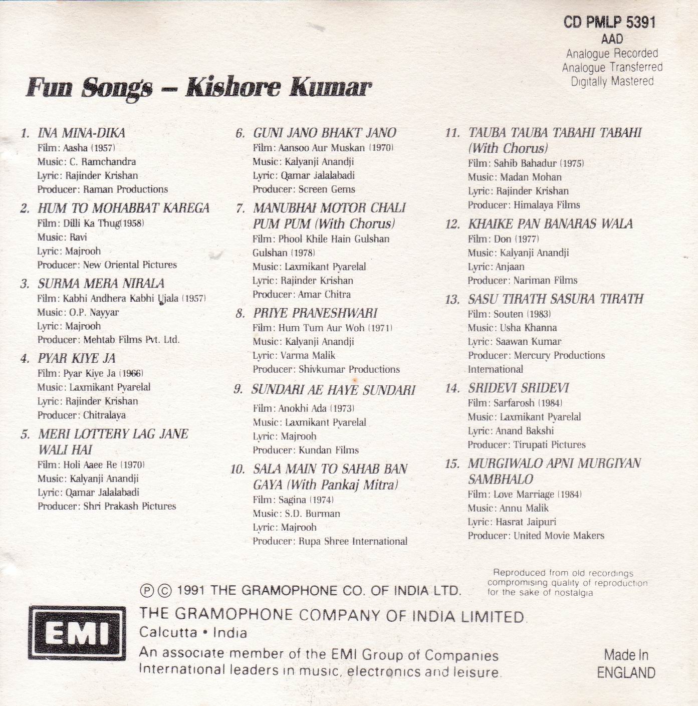 Fun Songs Kishore Kumar EMI Cd - Click Image to Close