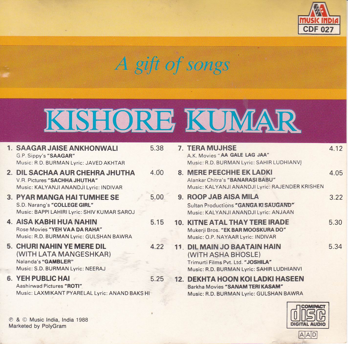 A Gift Of Songs Kishore Kumar Music India Cd - Click Image to Close