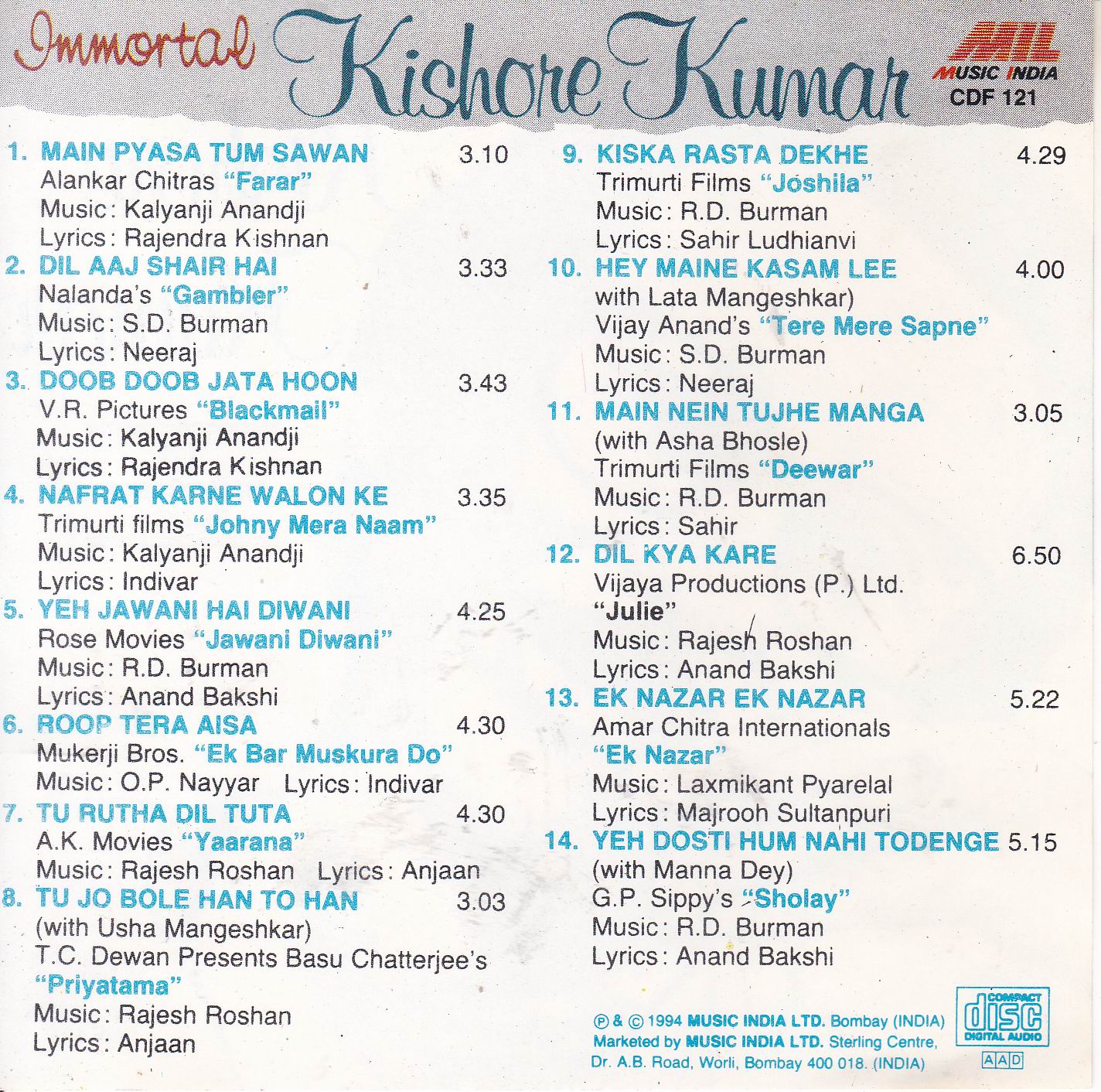 Immortal Kishore Kumar Music India Cd - Click Image to Close