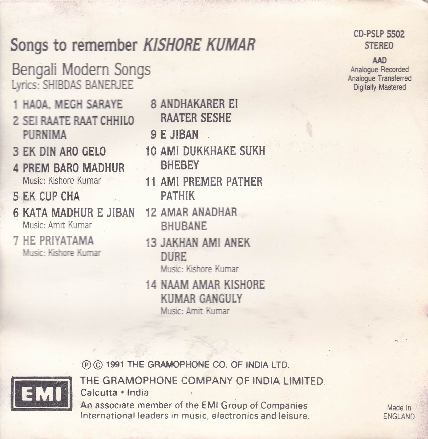 Kishore Kumar Bengali Hits EMI Cd - Click Image to Close