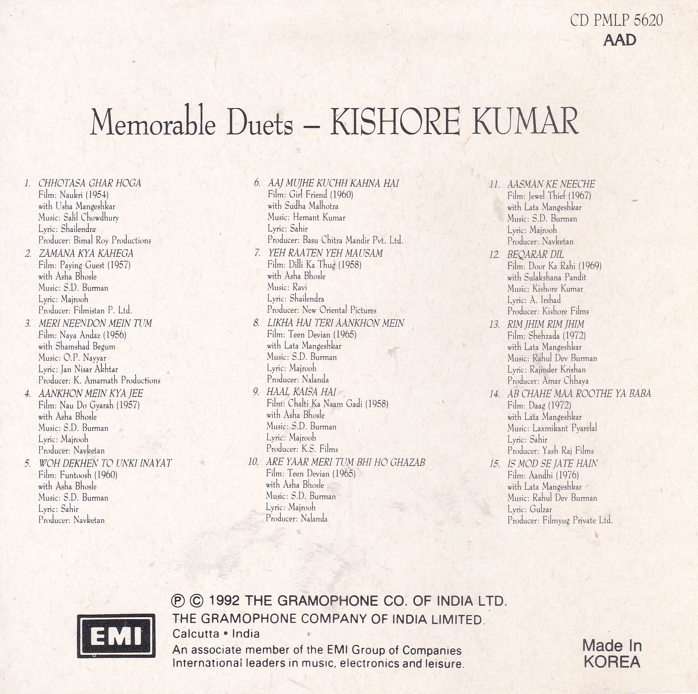 (image for) Sentimental Hits Duets Of Kishore Kumar EMI Cd
