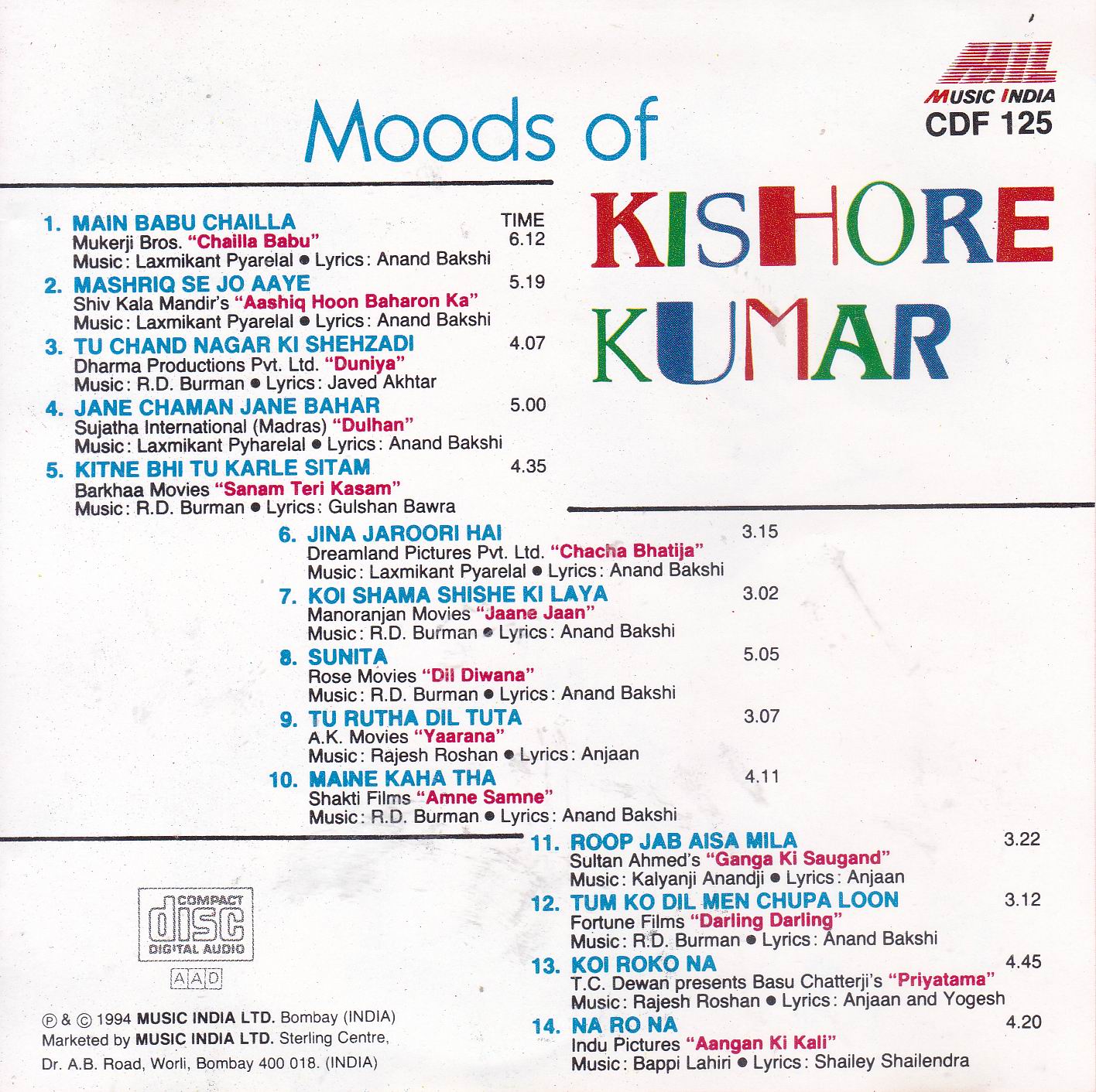 Many Moods Kishore Kumar Music India Cd - Click Image to Close